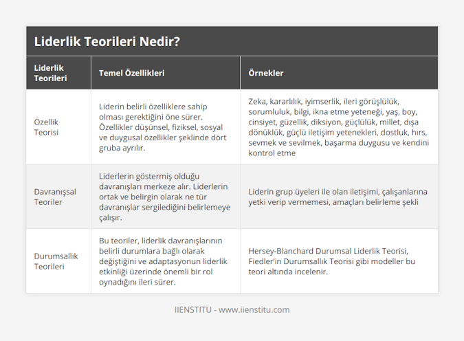 Özellik Teorisi, Liderin belirli özelliklere sahip olması gerektiğini öne sürer Özellikler düşünsel, fiziksel, sosyal ve duygusal özellikler şeklinde dört gruba ayrılır, Zeka, kararlılık, iyimserlik, ileri görüşlülük, sorumluluk, bilgi, ikna etme yeteneği, yaş, boy, cinsiyet, güzellik, diksiyon, güçlülük, millet, dışa dönüklük, güçlü iletişim yetenekleri, dostluk, hırs, sevmek ve sevilmek, başarma duygusu ve kendini kontrol etme, Davranışsal Teoriler, Liderlerin göstermiş olduğu davranışları merkeze alır Liderlerin ortak ve belirgin olarak ne tür davranışlar sergilediğini belirlemeye çalışır, Liderin grup üyeleri ile olan iletişimi, çalışanlarına yetki verip vermemesi, amaçları belirleme şekli, Durumsallık Teorileri, Bu teoriler, liderlik davranışlarının belirli durumlara bağlı olarak değiştiğini ve adaptasyonun liderlik etkinliği üzerinde önemli bir rol oynadığını ileri sürer, Hersey-Blanchard Durumsal Liderlik Teorisi, Fiedler’in Durumsallık Teorisi gibi modeller bu teori altında incelenir