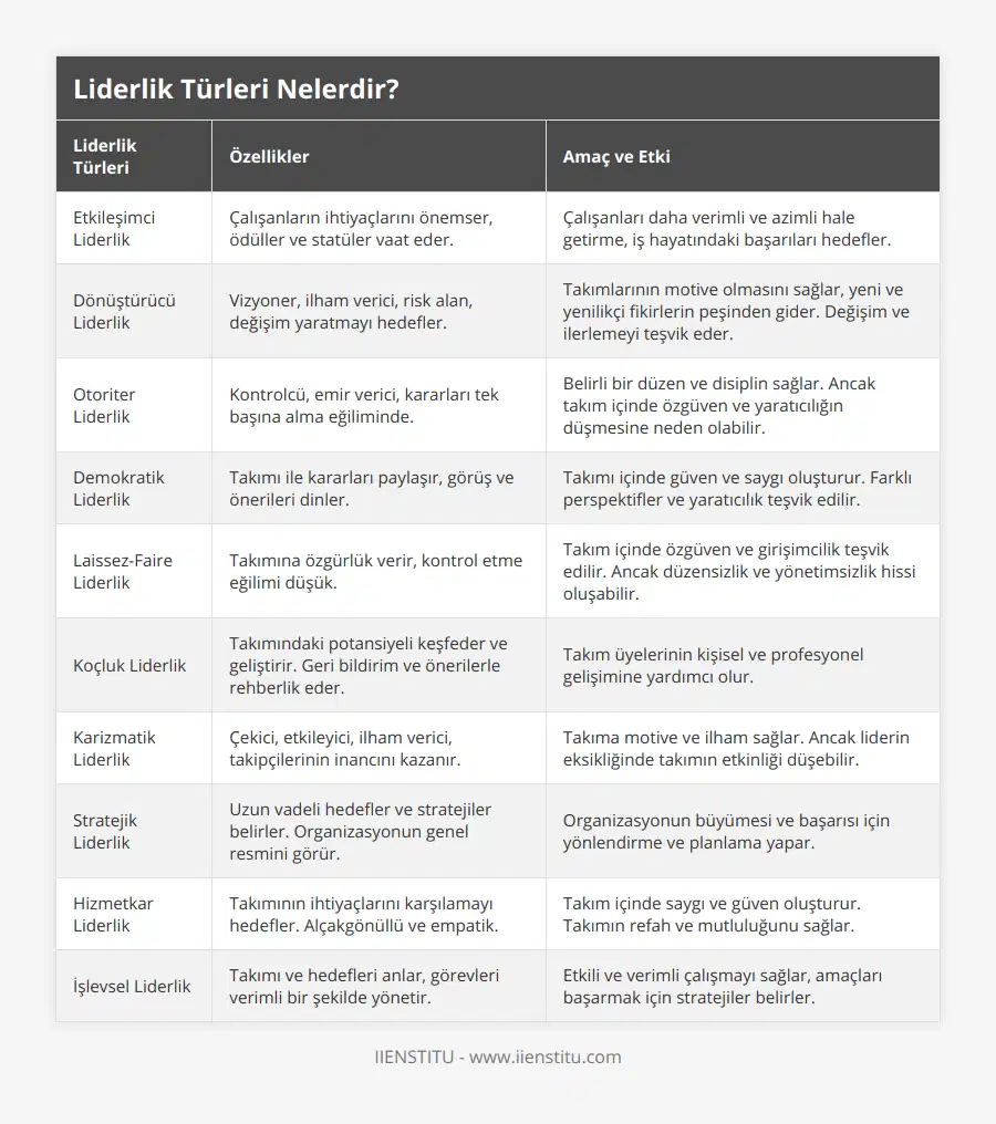Etkileşimci Liderlik, Çalışanların ihtiyaçlarını önemser, ödüller ve statüler vaat eder, Çalışanları daha verimli ve azimli hale getirme, iş hayatındaki başarıları hedefler, Dönüştürücü Liderlik, Vizyoner, ilham verici, risk alan, değişim yaratmayı hedefler, Takımlarının motive olmasını sağlar, yeni ve yenilikçi fikirlerin peşinden gider Değişim ve ilerlemeyi teşvik eder, Otoriter Liderlik, Kontrolcü, emir verici, kararları tek başına alma eğiliminde, Belirli bir düzen ve disiplin sağlar Ancak takım içinde özgüven ve yaratıcılığın düşmesine neden olabilir, Demokratik Liderlik, Takımı ile kararları paylaşır, görüş ve önerileri dinler, Takımı içinde güven ve saygı oluşturur Farklı perspektifler ve yaratıcılık teşvik edilir, Laissez-Faire Liderlik, Takımına özgürlük verir, kontrol etme eğilimi düşük, Takım içinde özgüven ve girişimcilik teşvik edilir Ancak düzensizlik ve yönetimsizlik hissi oluşabilir, Koçluk Liderlik, Takımındaki potansiyeli keşfeder ve geliştirir Geri bildirim ve önerilerle rehberlik eder, Takım üyelerinin kişisel ve profesyonel gelişimine yardımcı olur, Karizmatik Liderlik, Çekici, etkileyici, ilham verici, takipçilerinin inancını kazanır, Takıma motive ve ilham sağlar Ancak liderin eksikliğinde takımın etkinliği düşebilir, Stratejik Liderlik, Uzun vadeli hedefler ve stratejiler belirler Organizasyonun genel resmini görür, Organizasyonun büyümesi ve başarısı için yönlendirme ve planlama yapar, Hizmetkar Liderlik, Takımının ihtiyaçlarını karşılamayı hedefler Alçakgönüllü ve empatik, Takım içinde saygı ve güven oluşturur Takımın refah ve mutluluğunu sağlar, İşlevsel Liderlik, Takımı ve hedefleri anlar, görevleri verimli bir şekilde yönetir, Etkili ve verimli çalışmayı sağlar, amaçları başarmak için stratejiler belirler