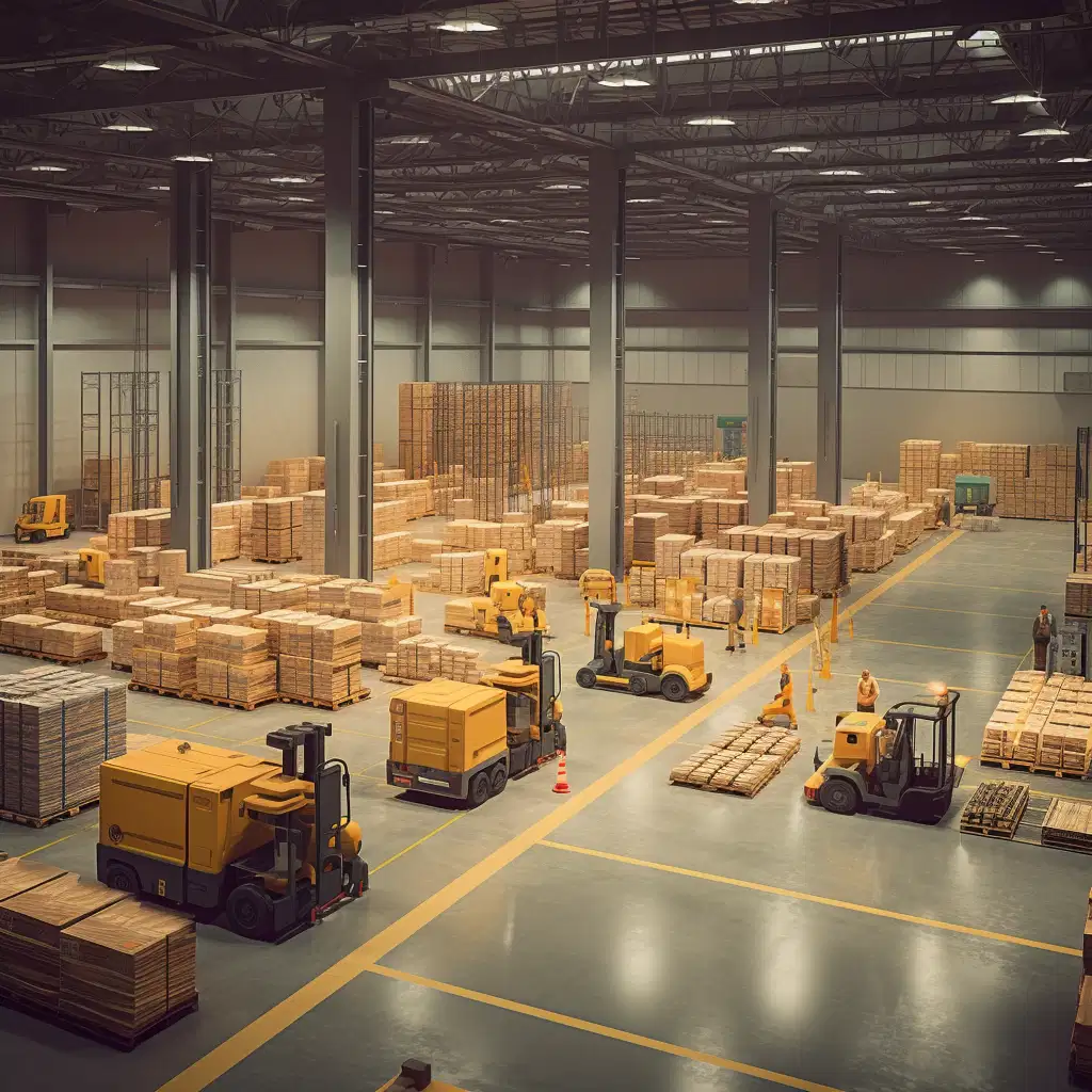 Depo, verimli çalışma için geniş bir alan ve düzenli bir düzen sağlar. Çalışanlar, forkliftler veya nakliye araçları kullanarak depo içinde malları taşırken görülebilir. Bu, sürecin bir parçası olarak fiziksel hareketi temsil eder