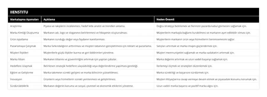 Araştırma, Piyasa ve rakiplerin incelenmesi, hedef kitle analizi ve trendleri anlama, Doğru stratejiyi belirlemek ve fikrinizin pazarda kabul görmesini sağlamak için, Marka Kimliği Oluşturma, Markanın adı, logo ve sloganının belirlenmesi ve hikayenin oluşturulması, Müşterilerin markayla bağlantı kurabilmesi ve markanın ayırt edilebilir olması için, Ürün ispatlama, Markanın sunduğu değer veya faydanın kanıtlanması, Müşterilerin markanın ürün veya hizmetlerini benimsemesini sağlar, Pazarlamaya Çalışmak, Marka farkındalığının arttırılması ve müşteri tabanının genişletilmesi için reklam ve pazarlama, Satışları artırmak ve marka imajını güçlendirmek için, Müşteri İlişkileri, Müşterilerle güçlü ilişkiler kurma ve geri bildirimleri yönetme, Müşteri memnuniyetini sağlamak ve marka sadakatini artırmak için, Marka İtibarı, Markanın itibarını ve güvenilirliğini artırmak için yapılan çabalar, Marka değerini artırmak ve uzun vadeli başarıyı sağlamak için, Hedeflere Ulaşmak, Belirlenen stratejik hedeflere ulaşılabildiği veya değerlendirme yapılması gerektiği, İlerlemeyi ölçmek ve stratejileri düzenlemek için, Eğitim ve Geliştirme, Marka takımının sürekli gelişimi ve marka bilincinin yükseltilmesi, Marka sürekliliği ve başarısını sürdürmek için, İnovasyon, Ürünlerin veya hizmetlerin sürekli yenilenmesi ve geliştirilmesi, Müşteri ihtiyaçlarına cevap vermeye devam etmek ve piyasadaki konumu korumak için, Sürdürülebilirlik, Markanın değerini koruma ve sosyal, çevresel ve ekonomik etkilerini yönetme, Uzun vadeli marka başarısı ve pozitif marka algısı için