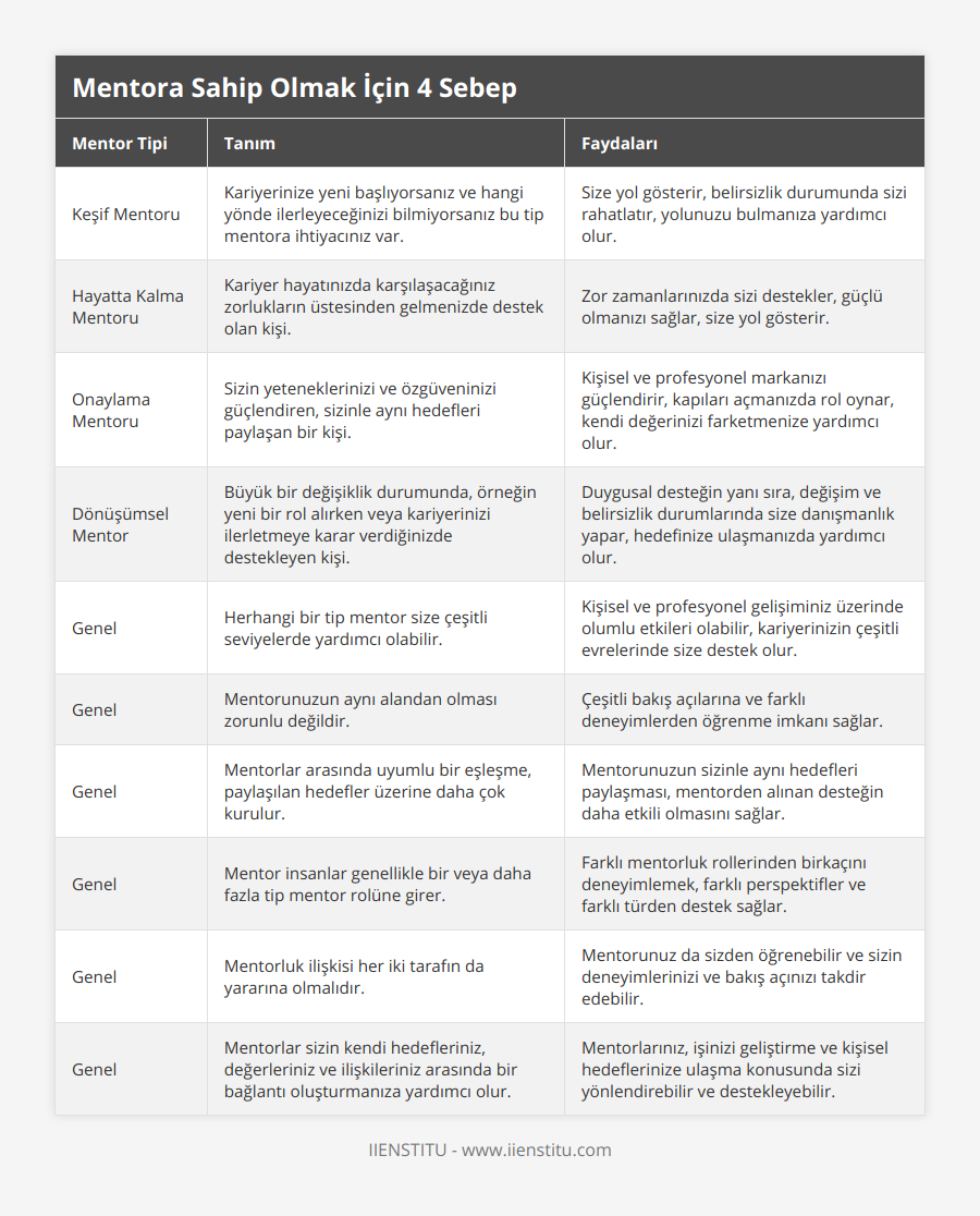 Keşif Mentoru, Kariyerinize yeni başlıyorsanız ve hangi yönde ilerleyeceğinizi bilmiyorsanız bu tip mentora ihtiyacınız var, Size yol gösterir, belirsizlik durumunda sizi rahatlatır, yolunuzu bulmanıza yardımcı olur, Hayatta Kalma Mentoru, Kariyer hayatınızda karşılaşacağınız zorlukların üstesinden gelmenizde destek olan kişi, Zor zamanlarınızda sizi destekler, güçlü olmanızı sağlar, size yol gösterir, Onaylama Mentoru, Sizin yeteneklerinizi ve özgüveninizi güçlendiren, sizinle aynı hedefleri paylaşan bir kişi, Kişisel ve profesyonel markanızı güçlendirir, kapıları açmanızda rol oynar, kendi değerinizi farketmenize yardımcı olur, Dönüşümsel Mentor, Büyük bir değişiklik durumunda, örneğin yeni bir rol alırken veya kariyerinizi ilerletmeye karar verdiğinizde destekleyen kişi, Duygusal desteğin yanı sıra, değişim ve belirsizlik durumlarında size danışmanlık yapar, hedefinize ulaşmanızda yardımcı olur, Genel, Herhangi bir tip mentor size çeşitli seviyelerde yardımcı olabilir, Kişisel ve profesyonel gelişiminiz üzerinde olumlu etkileri olabilir, kariyerinizin çeşitli evrelerinde size destek olur, Genel, Mentorunuzun aynı alandan olması zorunlu değildir, Çeşitli bakış açılarına ve farklı deneyimlerden öğrenme imkanı sağlar, Genel, Mentorlar arasında uyumlu bir eşleşme, paylaşılan hedefler üzerine daha çok kurulur, Mentorunuzun sizinle aynı hedefleri paylaşması, mentorden alınan desteğin daha etkili olmasını sağlar, Genel, Mentor insanlar genellikle bir veya daha fazla tip mentor rolüne girer, Farklı mentorluk rollerinden birkaçını deneyimlemek, farklı perspektifler ve farklı türden destek sağlar, Genel, Mentorluk ilişkisi her iki tarafın da yararına olmalıdır, Mentorunuz da sizden öğrenebilir ve sizin deneyimlerinizi ve bakış açınızı takdir edebilir, Genel, Mentorlar sizin kendi hedefleriniz, değerleriniz ve ilişkileriniz arasında bir bağlantı oluşturmanıza yardımcı olur, Mentorlarınız, işinizi geliştirme ve kişisel hedeflerinize ulaşma konusunda sizi yönlendirebilir ve destekleyebilir