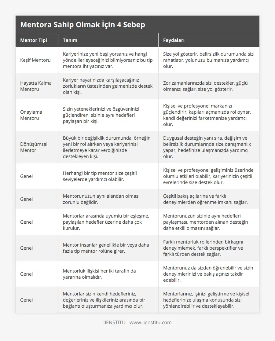 Keşif Mentoru, Kariyerinize yeni başlıyorsanız ve hangi yönde ilerleyeceğinizi bilmiyorsanız bu tip mentora ihtiyacınız var, Size yol gösterir, belirsizlik durumunda sizi rahatlatır, yolunuzu bulmanıza yardımcı olur, Hayatta Kalma Mentoru, Kariyer hayatınızda karşılaşacağınız zorlukların üstesinden gelmenizde destek olan kişi, Zor zamanlarınızda sizi destekler, güçlü olmanızı sağlar, size yol gösterir, Onaylama Mentoru, Sizin yeteneklerinizi ve özgüveninizi güçlendiren, sizinle aynı hedefleri paylaşan bir kişi, Kişisel ve profesyonel markanızı güçlendirir, kapıları açmanızda rol oynar, kendi değerinizi farketmenize yardımcı olur, Dönüşümsel Mentor, Büyük bir değişiklik durumunda, örneğin yeni bir rol alırken veya kariyerinizi ilerletmeye karar verdiğinizde destekleyen kişi, Duygusal desteğin yanı sıra, değişim ve belirsizlik durumlarında size danışmanlık yapar, hedefinize ulaşmanızda yardımcı olur, Genel, Herhangi bir tip mentor size çeşitli seviyelerde yardımcı olabilir, Kişisel ve profesyonel gelişiminiz üzerinde olumlu etkileri olabilir, kariyerinizin çeşitli evrelerinde size destek olur, Genel, Mentorunuzun aynı alandan olması zorunlu değildir, Çeşitli bakış açılarına ve farklı deneyimlerden öğrenme imkanı sağlar, Genel, Mentorlar arasında uyumlu bir eşleşme, paylaşılan hedefler üzerine daha çok kurulur, Mentorunuzun sizinle aynı hedefleri paylaşması, mentorden alınan desteğin daha etkili olmasını sağlar, Genel, Mentor insanlar genellikle bir veya daha fazla tip mentor rolüne girer, Farklı mentorluk rollerinden birkaçını deneyimlemek, farklı perspektifler ve farklı türden destek sağlar, Genel, Mentorluk ilişkisi her iki tarafın da yararına olmalıdır, Mentorunuz da sizden öğrenebilir ve sizin deneyimlerinizi ve bakış açınızı takdir edebilir, Genel, Mentorlar sizin kendi hedefleriniz, değerleriniz ve ilişkileriniz arasında bir bağlantı oluşturmanıza yardımcı olur, Mentorlarınız, işinizi geliştirme ve kişisel hedeflerinize ulaşma konusunda sizi yönlendirebilir ve destekleyebilir