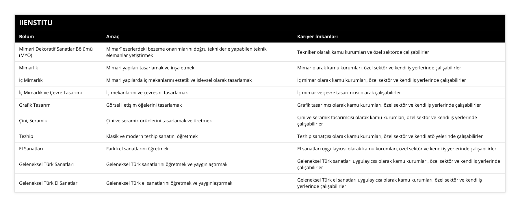 Mimari Dekoratif Sanatlar Bölümü (MYO), Mimarî eserlerdeki bezeme onarımlarını doğru tekniklerle yapabilen teknik elemanlar yetiştirmek, Tekniker olarak kamu kurumları ve özel sektörde çalışabilirler, Mimarlık, Mimari yapıları tasarlamak ve inşa etmek, Mimar olarak kamu kurumları, özel sektör ve kendi iş yerlerinde çalışabilirler, İç Mimarlık, Mimari yapılarda iç mekanlarını estetik ve işlevsel olarak tasarlamak, İç mimar olarak kamu kurumları, özel sektör ve kendi iş yerlerinde çalışabilirler, İç Mimarlık ve Çevre Tasarımı, İç mekanlarını ve çevresini tasarlamak, İç mimar ve çevre tasarımcısı olarak çalışabilirler, Grafik Tasarım, Görsel iletişim öğelerini tasarlamak, Grafik tasarımcı olarak kamu kurumları, özel sektör ve kendi iş yerlerinde çalışabilirler, Çini, Seramik, Çini ve seramik ürünlerini tasarlamak ve üretmek, Çini ve seramik tasarımcısı olarak kamu kurumları, özel sektör ve kendi iş yerlerinde çalışabilirler, Tezhip, Klasik ve modern tezhip sanatını öğretmek, Tezhip sanatçısı olarak kamu kurumları, özel sektör ve kendi atölyelerinde çalışabilirler, El Sanatları, Farklı el sanatlarını öğretmek, El sanatları uygulayıcısı olarak kamu kurumları, özel sektör ve kendi iş yerlerinde çalışabilirler, Geleneksel Türk Sanatları, Geleneksel Türk sanatlarını öğretmek ve yaygınlaştırmak, Geleneksel Türk sanatları uygulayıcısı olarak kamu kurumları, özel sektör ve kendi iş yerlerinde çalışabilirler, Geleneksel Türk El Sanatları, Geleneksel Türk el sanatlarını öğretmek ve yaygınlaştırmak, Geleneksel Türk el sanatları uygulayıcısı olarak kamu kurumları, özel sektör ve kendi iş yerlerinde çalışabilirler