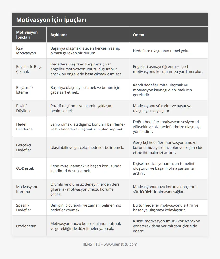 İçsel Motivasyon, Başarıya ulaşmak isteyen herkesin sahip olması gereken bir durum, Hedeflere ulaşmanın temel yolu, Engellerle Başa Çıkmak, Hedeflere ulaşırken karşımıza çıkan engeller motivasyonumuzu düşürebilir ancak bu engellerle başa çıkmak elimizde, Engelleri aşmayı öğrenmek içsel motivasyonu korumamıza yardımcı olur, Başarmak İsteme, Başarıya ulaşmayı istemek ve bunun için çaba sarf etmek, Kendi hedeflerimize ulaşmak ve motivasyon kaynağı olabilmek için gereklidir, Pozitif Düşünce, Pozitif düşünme ve olumlu yaklaşımı benimsemek, Motivasyonu yükseltir ve başarıya ulaşmayı kolaylaştırır, Hedef Belirleme, Sahip olmak istediğimiz konuları belirlemek ve bu hedeflere ulaşmak için plan yapmak, Doğru hedefler motivasyon seviyemizi yükseltir ve bizi hedeflerimize ulaşmaya yönlendirir, Gerçekçi Hedefler, Ulaşılabilir ve gerçekçi hedefler belirlemek, Gerçekçi hedefler motivasyonumuzu korumamıza yardımcı olur ve başarı elde etme ihtimalimizi arttırır, Öz-Destek, Kendimize inanmak ve başarı konusunda kendimizi desteklemek, Kişisel motivasyonumuzun temelini oluşturur ve başarılı olma şansımızı arttırır, Motivasyonu Koruma, Olumlu ve olumsuz deneyimlerden ders çıkararak motivasyonumuzu koruma çabası, Motivasyonumuzu korumak başarının sürdürülebilir olmasını sağlar, Spesifik Hedefler, Belirgin, ölçülebilir ve zamanı belirlenmiş hedefler koymak, Bu tür hedefler motivasyonu artırır ve başarıya ulaşmayı kolaylaştırır, Öz-denetim, Motivasyonunuzu kontrol altında tutmak ve gerektiğinde düzeltmeler yapmak, Kişisel motivasyonumuzu koruyarak ve yöneterek daha verimli sonuçlar elde ederiz