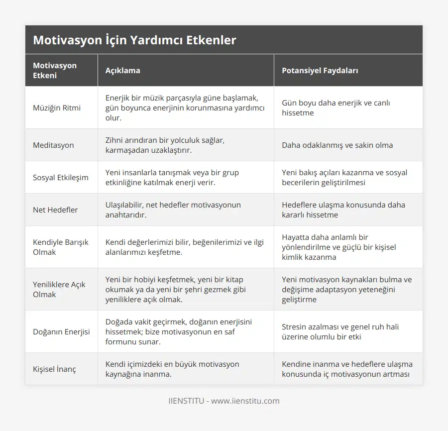 Müziğin Ritmi, Enerjik bir müzik parçasıyla güne başlamak, gün boyunca enerjinin korunmasına yardımcı olur, Gün boyu daha enerjik ve canlı hissetme, Meditasyon, Zihni arındıran bir yolculuk sağlar, karmaşadan uzaklaştırır, Daha odaklanmış ve sakin olma, Sosyal Etkileşim, Yeni insanlarla tanışmak veya bir grup etkinliğine katılmak enerji verir, Yeni bakış açıları kazanma ve sosyal becerilerin geliştirilmesi, Net Hedefler, Ulaşılabilir, net hedefler motivasyonun anahtarıdır, Hedeflere ulaşma konusunda daha kararlı hissetme, Kendiyle Barışık Olmak, Kendi değerlerimizi bilir, beğenilerimizi ve ilgi alanlarımızı keşfetme, Hayatta daha anlamlı bir yönlendirilme ve güçlü bir kişisel kimlik kazanma, Yeniliklere Açık Olmak, Yeni bir hobiyi keşfetmek, yeni bir kitap okumak ya da yeni bir şehri gezmek gibi yeniliklere açık olmak, Yeni motivasyon kaynakları bulma ve değişime adaptasyon yeteneğini geliştirme, Doğanın Enerjisi, Doğada vakit geçirmek, doğanın enerjisini hissetmek; bize motivasyonun en saf formunu sunar, Stresin azalması ve genel ruh hali üzerine olumlu bir etki, Kişisel İnanç, Kendi içimizdeki en büyük motivasyon kaynağına inanma, Kendine inanma ve hedeflere ulaşma konusunda iç motivasyonun artması
