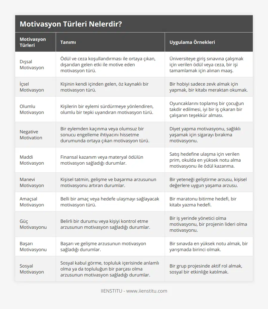 Dışsal Motivasyon, Ödül ve ceza koşullandırması ile ortaya çıkan, dışarıdan gelen etki ile motive eden motivasyon türü, Üniversiteye giriş sınavına çalışmak için verilen ödül veya ceza, bir işi tamamlamak için alınan maaş, İçsel Motivasyon, Kişinin kendi içinden gelen, öz kaynaklı bir motivasyon türü, Bir hobiyi sadece zevk almak için yapmak, bir kitabı meraktan okumak, Olumlu Motivasyon, Kişilerin bir eylemi sürdürmeye yönlendiren, olumlu bir tepki uyandıran motivasyon türü, Oyuncaklarını toplamış bir çocuğun takdir edilmesi, iyi bir iş çıkaran bir çalışanın teşekkür alması, Negative Motivation, Bir eylemden kaçınma veya olumsuz bir sonucu engelleme ihtiyacını hissetme durumunda ortaya çıkan motivasyon türü, Diyet yapma motivasyonu, sağlıklı yaşamak için sigarayı bırakma motivasyonu, Maddi Motivasyon, Finansal kazanım veya materyal ödülün motivasyon sağladığı durumlar, Satış hedefine ulaşma için verilen prim, okulda en yüksek notu alma motivasyonu ile ödül kazanma, Manevi Motivasyon, Kişisel tatmin, gelişme ve başarma arzusunun motivasyonu artıran durumlar, Bir yeteneği geliştirme arzusu, kişisel değerlere uygun yaşama arzusu, Amaçsal Motivasyon, Belli bir amaç veya hedefe ulaşmayı sağlayacak motivasyon türü, Bir maratonu bitirme hedefi, bir kitabı yazma hedefi, Güç Motivasyonu, Belirli bir durumu veya kişiyi kontrol etme arzusunun motivasyon sağladığı durumlar, Bir iş yerinde yönetici olma motivasyonu, bir projenin lideri olma motivasyonu, Başarı Motivasyonu, Başarı ve gelişme arzusunun motivasyon sağladığı durumlar, Bir sınavda en yüksek notu almak, bir yarışmada birinci olmak, Sosyal Motivasyon, Sosyal kabul görme, topluluk içerisinde anlamlı olma ya da topluluğun bir parçası olma arzusunun motivasyon sağladığı durumlar, Bir grup projesinde aktif rol almak, sosyal bir etkinliğe katılmak