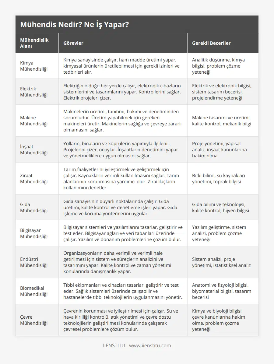Kimya Mühendisliği, Kimya sanayisinde çalışır, ham madde üretimi yapar, kimyasal ürünlerin üretilebilmesi için gerekli izinleri ve tedbirleri alır, Analitik düşünme, kimya bilgisi, problem çözme yeteneği, Elektrik Mühendisliği, Elektriğin olduğu her yerde çalışır, elektronik cihazların sistemlerini ve tasarımlarını yapar Kontrollerini sağlar Elektrik projeleri çizer, Elektrik ve elektronik bilgisi, sistem tasarım becerisi, projelendirme yeteneği, Makine Mühendisliği, Makinelerin üretimi, tanıtımı, bakımı ve denetiminden sorumludur Üretim yapabilmek için gereken makineleri üretir Makinelerin sağlığa ve çevreye zararlı olmamasını sağlar, Makine tasarımı ve üretimi, kalite kontrol, mekanik bilgi, İnşaat Mühendisliği, Yolların, binaların ve köprülerin yapımıyla ilgilenir Projelerini çizer, onaylar İnşaatların denetimini yapar ve yönetmeliklere uygun olmasını sağlar, Proje yönetimi, yapısal analiz, inşaat kanunlarına hakim olma, Ziraat Mühendisliği, Tarım faaliyetlerini iyileştirmek ve geliştirmek için çalışır Kaynakların verimli kullanılmasını sağlar Tarım alanlarının korunmasına yardımcı olur Zirai ilaçların kullanımını denetler, Bitki bilimi, su kaynakları yönetimi, toprak bilgisi, Gıda Mühendisliği, Gıda sanayisinin duyarlı noktalarında çalışır Gıda üretimi, kalite kontrol ve denetleme işleri yapar Gıda işleme ve koruma yöntemlerini uygular, Gıda bilimi ve teknolojisi, kalite kontrol, hijyen bilgisi, Bilgisayar Mühendisliği, Bilgisayar sistemleri ve yazılımlarını tasarlar, geliştirir ve test eder Bilgisayar ağları ve veri tabanları üzerinde çalışır Yazılım ve donanım problemlerine çözüm bulur, Yazılım geliştirme, sistem analizi, problem çözme yeteneği, Endüstri Mühendisliği, Organizasyonların daha verimli ve verimli hale getirilmesi için sistem ve süreçlerin analizini ve tasarımını yapar Kalite kontrol ve zaman yönetimi konularında danışmanlık yapar, Sistem analizi, proje yönetimi, istatistiksel analiz, Biomedikal Mühendisliği, Tıbbi ekipmanları ve cihazları tasarlar, geliştirir ve test eder Sağlık sistemleri üzerinde çalışabilir ve hastanelerde tıbbi teknolojilerin uygulanmasını yönetir, Anatomi ve fizyoloji bilgisi, biyomaterial bilgisi, tasarım becerisi, Çevre Mühendisliği, Çevrenin korunması ve iyileştirilmesi için çalışır Su ve hava kirliliği kontrolü, atık yönetimi ve çevre dostu teknolojilerin geliştirilmesi konularında çalışarak çevresel problemlere çözüm bulur, Kimya ve biyoloji bilgisi, çevre kanunlarına hakim olma, problem çözme yeteneği