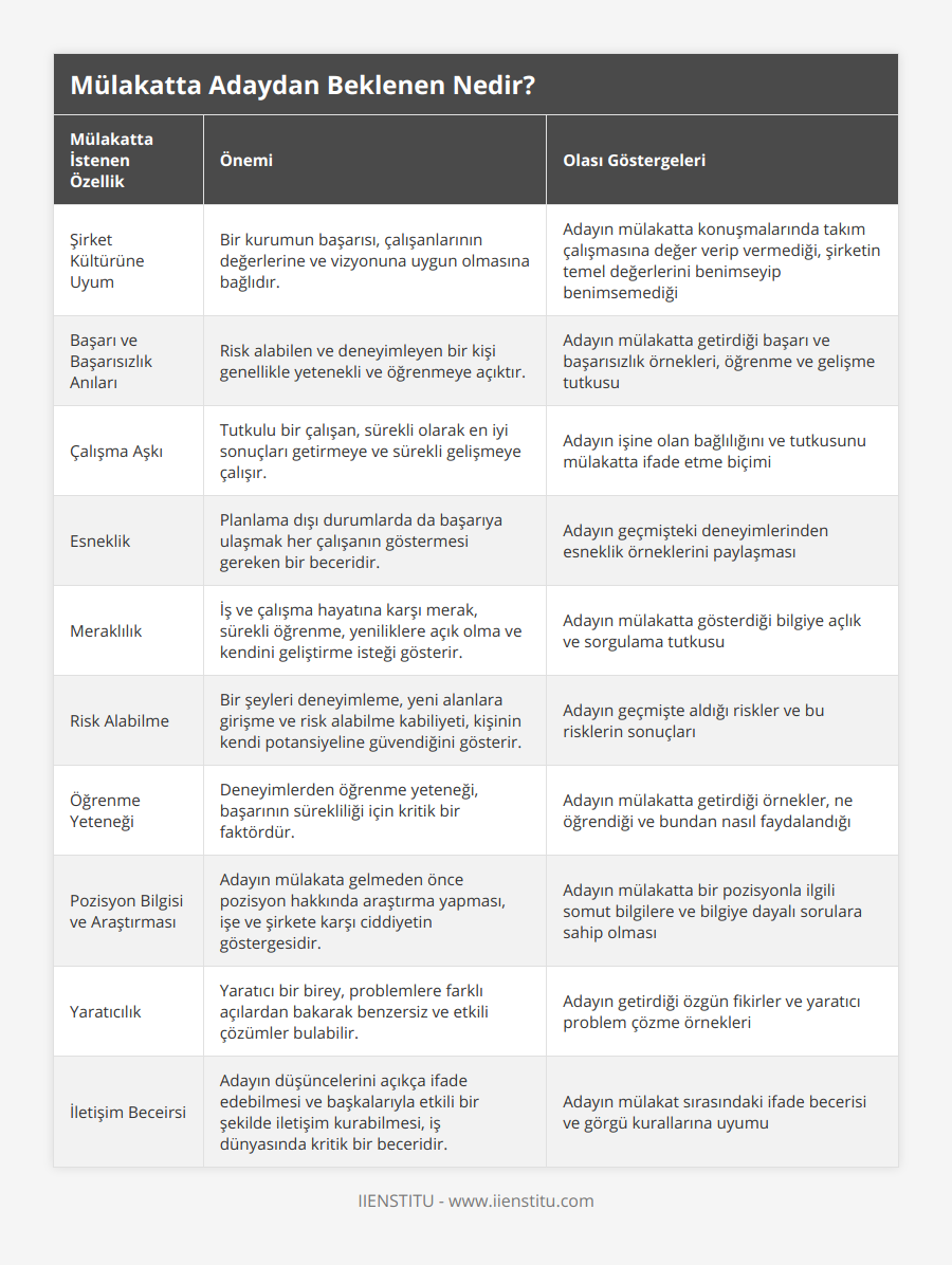 Şirket Kültürüne Uyum, Bir kurumun başarısı, çalışanlarının değerlerine ve vizyonuna uygun olmasına bağlıdır, Adayın mülakatta konuşmalarında takım çalışmasına değer verip vermediği, şirketin temel değerlerini benimseyip benimsemediği, Başarı ve Başarısızlık Anıları, Risk alabilen ve deneyimleyen bir kişi genellikle yetenekli ve öğrenmeye açıktır, Adayın mülakatta getirdiği başarı ve başarısızlık örnekleri, öğrenme ve gelişme tutkusu, Çalışma Aşkı, Tutkulu bir çalışan, sürekli olarak en iyi sonuçları getirmeye ve sürekli gelişmeye çalışır, Adayın işine olan bağlılığını ve tutkusunu mülakatta ifade etme biçimi, Esneklik, Planlama dışı durumlarda da başarıya ulaşmak her çalışanın göstermesi gereken bir beceridir, Adayın geçmişteki deneyimlerinden esneklik örneklerini paylaşması, Meraklılık, İş ve çalışma hayatına karşı merak, sürekli öğrenme, yeniliklere açık olma ve kendini geliştirme isteği gösterir, Adayın mülakatta gösterdiği bilgiye açlık ve sorgulama tutkusu, Risk Alabilme, Bir şeyleri deneyimleme, yeni alanlara girişme ve risk alabilme kabiliyeti, kişinin kendi potansiyeline güvendiğini gösterir, Adayın geçmişte aldığı riskler ve bu risklerin sonuçları, Öğrenme Yeteneği, Deneyimlerden öğrenme yeteneği, başarının sürekliliği için kritik bir faktördür, Adayın mülakatta getirdiği örnekler, ne öğrendiği ve bundan nasıl faydalandığı, Pozisyon Bilgisi ve Araştırması, Adayın mülakata gelmeden önce pozisyon hakkında araştırma yapması, işe ve şirkete karşı ciddiyetin göstergesidir, Adayın mülakatta bir pozisyonla ilgili somut bilgilere ve bilgiye dayalı sorulara sahip olması, Yaratıcılık, Yaratıcı bir birey, problemlere farklı açılardan bakarak benzersiz ve etkili çözümler bulabilir, Adayın getirdiği özgün fikirler ve yaratıcı problem çözme örnekleri, İletişim Beceirsi, Adayın düşüncelerini açıkça ifade edebilmesi ve başkalarıyla etkili bir şekilde iletişim kurabilmesi, iş dünyasında kritik bir beceridir, Adayın mülakat sırasındaki ifade becerisi ve görgü kurallarına uyumu