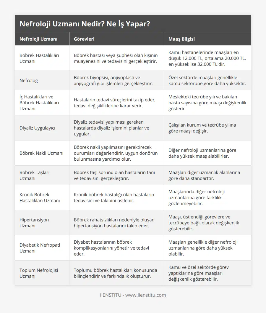 Böbrek Hastalıkları Uzmanı, Böbrek hastası veya şüphesi olan kişinin muayenesini ve tedavisini gerçekleştirir, Kamu hastanelerinde maaşları en düşük 12000 TL, ortalama 20000 TL, en yüksek ise 32000 TL'dir, Nefrolog, Böbrek biyopsisi, anjiyoplasti ve anjiyografi gibi işlemleri gerçekleştirir, Özel sektörde maaşları genellikle kamu sektörüne göre daha yüksektir, İç Hastalıkları ve Böbrek Hastalıkları Uzmanı, Hastaların tedavi süreçlerini takip eder, tedavi değişikliklerine karar verir, Meslekteki tecrübe yılı ve bakılan hasta sayısına göre maaşı değişkenlik gösterir, Diyaliz Uygulayıcı, Diyaliz tedavisi yapılması gereken hastalarda diyaliz işlemini planlar ve uygular, Çalışılan kurum ve tecrübe yılına göre maaşı değişir, Böbrek Nakli Uzmanı, Böbrek nakli yapılmasını gerektirecek durumları değerlendirir, uygun donörün bulunmasına yardımcı olur, Diğer nefroloji uzmanlarına göre daha yüksek maaş alabilirler, Böbrek Taşları Uzmanı, Böbrek taşı sorunu olan hastaların tanı ve tedavisini gerçekleştirir, Maaşları diğer uzmanlık alanlarına göre daha standarttır, Kronik Böbrek Hastalıkları Uzmanı, Kronik böbrek hastalığı olan hastaların tedavisini ve takibini üstlenir, Maaşlarında diğer nefroloji uzmanlarına göre farklılık gözlenmeyebilir, Hipertansiyon Uzmanı, Böbrek rahatsızlıkları nedeniyle oluşan hipertansiyon hastalarını takip eder, Maaşı, üstlendiği görevlere ve tecrübeye bağlı olarak değişkenlik gösterebilir, Diyabetik Nefropati Uzmanı, Diyabet hastalarının böbrek komplikasyonlarını yönetir ve tedavi eder, Maaşları genellikle diğer nefroloji uzmanlarına göre daha yüksek olabilir, Toplum Nefrolojisi Uzmanı, Toplumu böbrek hastalıkları konusunda bilinçlendirir ve farkındalık oluşturur, Kamu ve özel sektörde görev yaptıklarına göre maaşları değişkenlik gösterebilir