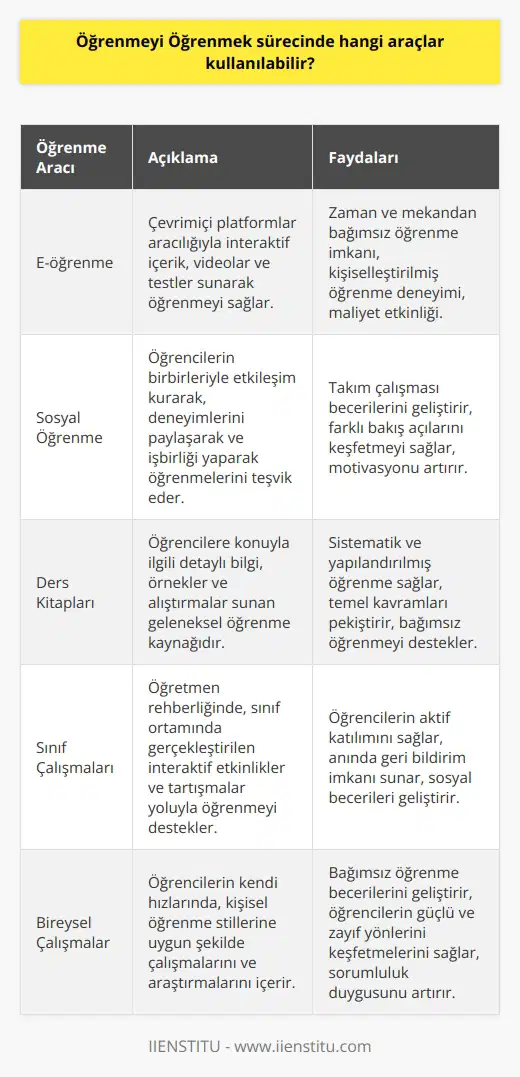 • E-öğrenme • Sosyal öğrenme • Ders kitapları • Sınıf çalışmaları • Bireysel çalışmalar • Çevrimiçi kurslar • • Grup Çalışması • Görsel öğrenme • Oyun tabanlı öğrenme • Etkileşimli öğrenme platformları • Sınavlar ve ödevler