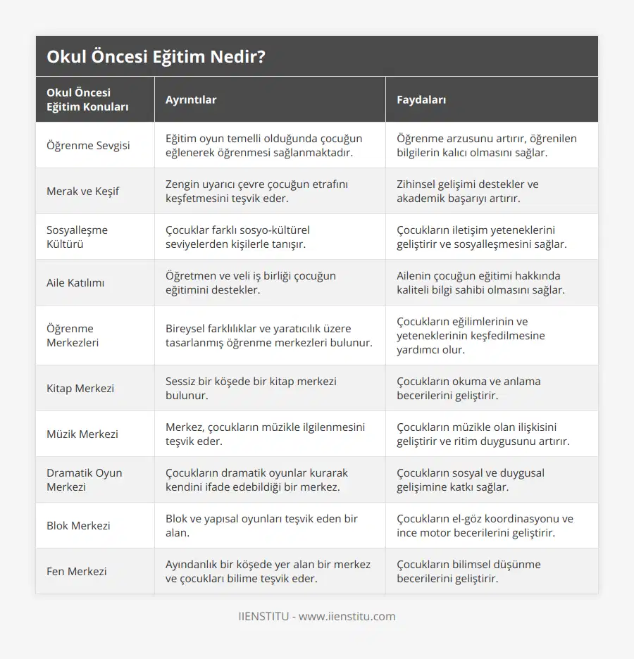 Öğrenme Sevgisi, Eğitim oyun temelli olduğunda çocuğun eğlenerek öğrenmesi sağlanmaktadır, Öğrenme arzusunu artırır, öğrenilen bilgilerin kalıcı olmasını sağlar, Merak ve Keşif, Zengin uyarıcı çevre çocuğun etrafını keşfetmesini teşvik eder, Zihinsel gelişimi destekler ve akademik başarıyı artırır, Sosyalleşme Kültürü, Çocuklar farklı sosyo-kültürel seviyelerden kişilerle tanışır, Çocukların iletişim yeteneklerini geliştirir ve sosyalleşmesini sağlar, Aile Katılımı, Öğretmen ve veli iş birliği çocuğun eğitimini destekler, Ailenin çocuğun eğitimi hakkında kaliteli bilgi sahibi olmasını sağlar, Öğrenme Merkezleri, Bireysel farklılıklar ve yaratıcılık üzere tasarlanmış öğrenme merkezleri bulunur, Çocukların eğilimlerinin ve yeteneklerinin keşfedilmesine yardımcı olur, Kitap Merkezi, Sessiz bir köşede bir kitap merkezi bulunur, Çocukların okuma ve anlama becerilerini geliştirir, Müzik Merkezi, Merkez, çocukların müzikle ilgilenmesini teşvik eder, Çocukların müzikle olan ilişkisini geliştirir ve ritim duygusunu artırır, Dramatik Oyun Merkezi, Çocukların dramatik oyunlar kurarak kendini ifade edebildiği bir merkez, Çocukların sosyal ve duygusal gelişimine katkı sağlar, Blok Merkezi, Blok ve yapısal oyunları teşvik eden bir alan, Çocukların el-göz koordinasyonu ve ince motor becerilerini geliştirir, Fen Merkezi, Ayındanlık bir köşede yer alan bir merkez ve çocukları bilime teşvik eder, Çocukların bilimsel düşünme becerilerini geliştirir