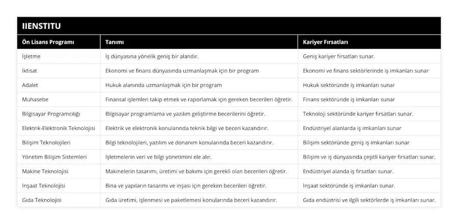 İşletme, İş dünyasına yönelik geniş bir alandır, Geniş kariyer fırsatları sunar, İktisat, Ekonomi ve finans dünyasında uzmanlaşmak için bir program, Ekonomi ve finans sektörlerinde iş imkanları sunar, Adalet, Hukuk alanında uzmanlaşmak için bir program, Hukuk sektöründe iş imkanları sunar, Muhasebe, Finansal işlemleri takip etmek ve raporlamak için gereken becerileri öğretir, Finans sektöründe iş imkanları sunar, Bilgisayar Programcılığı, Bilgisayar programlama ve yazılım geliştirme becerilerini öğretir, Teknoloji sektöründe kariyer fırsatları sunar, Elektrik-Elektronik Teknolojisi, Elektrik ve elektronik konularında teknik bilgi ve beceri kazandırır, Endüstriyel alanlarda iş imkanları sunar, Bilişim Teknolojileri, Bilgi teknolojileri, yazılım ve donanım konularında beceri kazandırır, Bilişim sektöründe geniş iş imkanları sunar, Yönetim Bilişim Sistemleri, İşletmelerin veri ve bilgi yönetimini ele alır, Bilişim ve iş dünyasında çeşitli kariyer fırsatları sunar, Makine Teknolojisi, Makinelerin tasarımı, üretimi ve bakımı için gerekli olan becerileri öğretir, Endüstriyel alanda iş fırsatları sunar, İnşaat Teknolojisi, Bina ve yapıların tasarımı ve inşası için gereken becerileri öğretir, İnşaat sektöründe iş imkanları sunar, Gıda Teknolojisi, Gıda üretimi, işlenmesi ve paketlemesi konularında beceri kazandırır, Gıda endüstrisi ve ilgili sektörlerde iş imkanları sunar