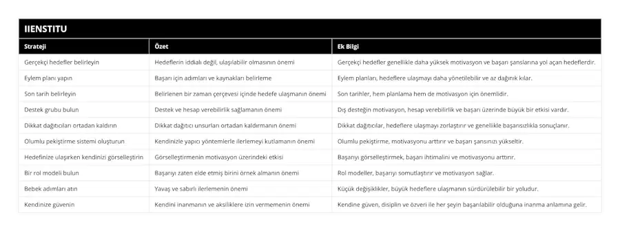 Gerçekçi hedefler belirleyin, Hedeflerin iddialı değil, ulaşılabilir olmasının önemi, Gerçekçi hedefler genellikle daha yüksek motivasyon ve başarı şanslarına yol açan hedeflerdir, Eylem planı yapın, Başarı için adımları ve kaynakları belirleme, Eylem planları, hedeflere ulaşmayı daha yönetilebilir ve az dağınık kılar, Son tarih belirleyin, Belirlenen bir zaman çerçevesi içinde hedefe ulaşmanın önemi, Son tarihler, hem planlama hem de motivasyon için önemlidir, Destek grubu bulun, Destek ve hesap verebilirlik sağlamanın önemi, Dış desteğin motivasyon, hesap verebilirlik ve başarı üzerinde büyük bir etkisi vardır, Dikkat dağıtıcıları ortadan kaldırın, Dikkat dağıtıcı unsurları ortadan kaldırmanın önemi, Dikkat dağıtıcılar, hedeflere ulaşmayı zorlaştırır ve genellikle başarısızlıkla sonuçlanır, Olumlu pekiştirme sistemi oluşturun, Kendinizle yapıcı yöntemlerle ilerlemeyi kutlamanın önemi, Olumlu pekiştirme, motivasyonu arttırır ve başarı şansınızı yükseltir, Hedefinize ulaşırken kendinizi görselleştirin, Görselleştirmenin motivasyon üzerindeki etkisi, Başarıyı görselleştirmek, başarı ihtimalini ve motivasyonu arttırır, Bir rol modeli bulun, Başarıyı zaten elde etmiş birini örnek almanın önemi, Rol modeller, başarıyı somutlaştırır ve motivasyon sağlar, Bebek adımları atın, Yavaş ve sabırlı ilerlemenin önemi, Küçük değişiklikler, büyük hedeflere ulaşmanın sürdürülebilir bir yoludur, Kendinize güvenin, Kendini inanmanın ve aksiliklere izin vermemenin önemi, Kendine güven, disiplin ve özveri ile her şeyin başarılabilir olduğuna inanma anlamına gelir