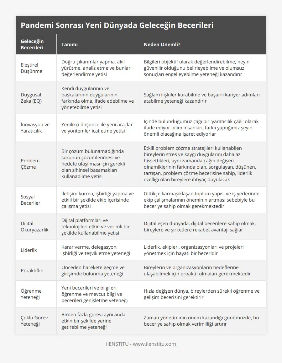 Eleştirel Düşünme, Doğru çıkarımlar yapma, akıl yürütme, analiz etme ve bunları değerlendirme yetisi, Bilgileri objektif olarak değerlendirebilme, neyin güvenilir olduğunu belirleyebilme ve olumsuz sonuçları engelleyebilme yeteneği kazandırır, Duygusal Zeka (EQ), Kendi duygularının ve başkalarının duygularının farkında olma, ifade edebilme ve yönetebilme yetisi, Sağlam ilişkiler kurabilme ve başarılı kariyer adımları atabilme yeteneği kazandırır, İnovasyon ve Yaratıcılık, Yenilikçi düşünce ile yeni araçlar ve yöntemler icat etme yetisi, İçinde bulunduğumuz çağı bir 'yaratıcılık çağı' olarak ifade ediyor bilim insanları, farklı yaptığımız şeyin önemli olacağına işaret ediyorlar, Problem Çözme, Bir çözüm bulunamadığında sorunun çözümlenmesi ve hedefe ulaşılması için gerekli olan zihinsel basamakları kullanabilme yetisi, Etkili problem çözme stratejileri kullanabilen bireylerin stres ve kaygı duygularını daha az hissettikleri, aynı zamanda çağın değişen dinamiklerinin farkında olan, sorgulayan, düşünen, tartışan, problem çözme becerisine sahip, liderlik özelliği olan bireylere ihtiyaç duyulacak, Sosyal Beceriler, İletişim kurma, işbirliği yapma ve etkili bir şekilde ekip içerisinde çalışma yetisi, Gittikçe karmaşıklaşan toplum yapısı ve iş yerlerinde ekip çalışmalarının öneminin artması sebebiyle bu beceriye sahip olmak gerekmektedir, Dijital Okuryazarlık, Dijital platformları ve teknolojileri etkin ve verimli bir şekilde kullanabilme yetisi, Dijitalleşen dünyada, dijital becerilere sahip olmak, bireylere ve şirketlere rekabet avantajı sağlar, Liderlik, Karar verme, delegasyon, işbirliği ve teşvik etme yeteneği, Liderlik, ekipleri, organizasyonları ve projeleri yönetmek için hayati bir beceridir, Proaktiflik, Önceden harekete geçme ve girişimde bulunma yeteneği, Bireylerin ve organizasyonların hedeflerine ulaşabilmek için proaktif olmaları gerekmektedir, Öğrenme Yeteneği, Yeni becerileri ve bilgileri öğrenme ve mevcut bilgi ve becerileri genişletme yeteneği, Hızla değişen dünya, bireylerden sürekli öğrenme ve gelişim becerisini gerektirir, Çoklu Görev Yeteneği, Birden fazla görevi aynı anda etkin bir şekilde yerine getirebilme yeteneği, Zaman yönetiminin önem kazandığı günümüzde, bu beceriye sahip olmak verimliliği artırır