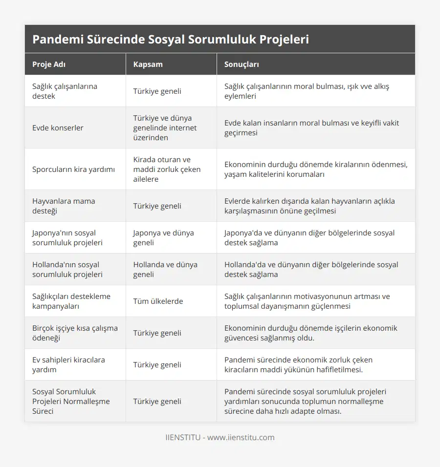 Sağlık çalışanlarına destek, Türkiye geneli, Sağlık çalışanlarının moral bulması, ışık vve alkış eylemleri, Evde konserler, Türkiye ve dünya genelinde internet üzerinden, Evde kalan insanların moral bulması ve keyifli vakit geçirmesi, Sporcuların kira yardımı, Kirada oturan ve maddi zorluk çeken ailelere, Ekonominin durduğu dönemde kiralarının ödenmesi, yaşam kalitelerini korumaları, Hayvanlara mama desteği, Türkiye geneli, Evlerde kalırken dışarıda kalan hayvanların açlıkla karşılaşmasının önüne geçilmesi, Japonya'nın sosyal sorumluluk projeleri, Japonya ve dünya geneli, Japonya'da ve dünyanın diğer bölgelerinde sosyal destek sağlama, Hollanda'nın sosyal sorumluluk projeleri, Hollanda ve dünya geneli, Hollanda'da ve dünyanın diğer bölgelerinde sosyal destek sağlama, Sağlıkçıları destekleme kampanyaları, Tüm ülkelerde, Sağlık çalışanlarının motivasyonunun artması ve toplumsal dayanışmanın güçlenmesi, Birçok işçiye kısa çalışma ödeneği, Türkiye geneli, Ekonominin durduğu dönemde işçilerin ekonomik güvencesi sağlanmış oldu , Ev sahipleri kiracılara yardım, Türkiye geneli, Pandemi sürecinde ekonomik zorluk çeken kiracıların maddi yükünün hafifletilmesi, Sosyal Sorumluluk Projeleri Normalleşme Süreci, Türkiye geneli, Pandemi sürecinde sosyal sorumluluk projeleri yardımları sonucunda toplumun normalleşme sürecine daha hızlı adapte olması