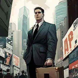 Bir satıcı elindeki evrak çantasıyla gururla bakıyor. Arkasında yüksek binalar, reklam panoları ve yüksek bir grafik var. Pazarlamacının diğer elinde bir tomar para var.