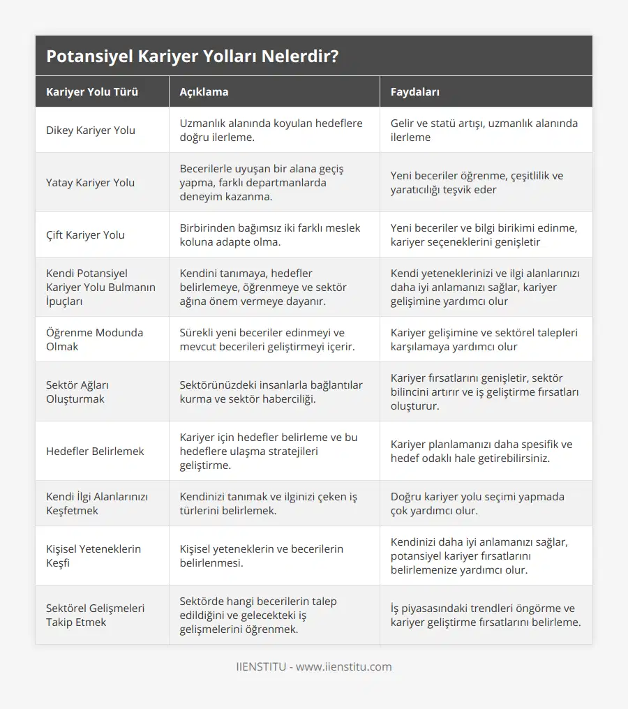 Dikey Kariyer Yolu, Uzmanlık alanında koyulan hedeflere doğru ilerleme, Gelir ve statü artışı, uzmanlık alanında ilerleme, Yatay Kariyer Yolu, Becerilerle uyuşan bir alana geçiş yapma, farklı departmanlarda deneyim kazanma, Yeni beceriler öğrenme, çeşitlilik ve yaratıcılığı teşvik eder, Çift Kariyer Yolu, Birbirinden bağımsız iki farklı meslek koluna adapte olma, Yeni beceriler ve bilgi birikimi edinme, kariyer seçeneklerini genişletir, Kendi Potansiyel Kariyer Yolu Bulmanın İpuçları, Kendini tanımaya, hedefler belirlemeye, öğrenmeye ve sektör ağına önem vermeye dayanır, Kendi yeteneklerinizi ve ilgi alanlarınızı daha iyi anlamanızı sağlar, kariyer gelişimine yardımcı olur, Öğrenme Modunda Olmak, Sürekli yeni beceriler edinmeyi ve mevcut becerileri geliştirmeyi içerir, Kariyer gelişimine ve sektörel talepleri karşılamaya yardımcı olur, Sektör Ağları Oluşturmak, Sektörünüzdeki insanlarla bağlantılar kurma ve sektör haberciliği, Kariyer fırsatlarını genişletir, sektör bilincini artırır ve iş geliştirme fırsatları oluşturur, Hedefler Belirlemek, Kariyer için hedefler belirleme ve bu hedeflere ulaşma stratejileri geliştirme, Kariyer planlamanızı daha spesifik ve hedef odaklı hale getirebilirsiniz, Kendi İlgi Alanlarınızı Keşfetmek, Kendinizi tanımak ve ilginizi çeken iş türlerini belirlemek, Doğru kariyer yolu seçimi yapmada çok yardımcı olur, Kişisel Yeteneklerin Keşfi, Kişisel yeteneklerin ve becerilerin belirlenmesi, Kendinizi daha iyi anlamanızı sağlar, potansiyel kariyer fırsatlarını belirlemenize yardımcı olur, Sektörel Gelişmeleri Takip Etmek, Sektörde hangi becerilerin talep edildiğini ve gelecekteki iş gelişmelerini öğrenmek, İş piyasasındaki trendleri öngörme ve kariyer geliştirme fırsatlarını belirleme