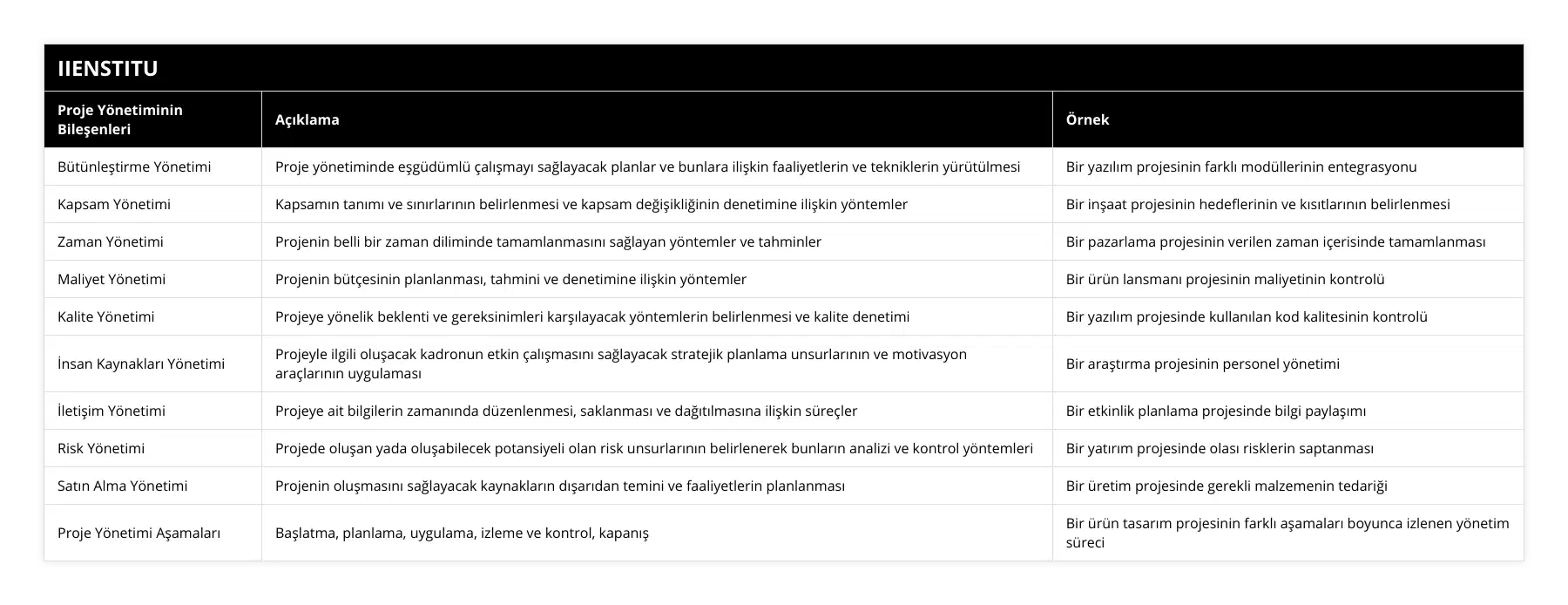Bütünleştirme Yönetimi, Proje yönetiminde eşgüdümlü çalışmayı sağlayacak planlar ve bunlara ilişkin faaliyetlerin ve tekniklerin yürütülmesi, Bir yazılım projesinin farklı modüllerinin entegrasyonu, Kapsam Yönetimi, Kapsamın tanımı ve sınırlarının belirlenmesi ve kapsam değişikliğinin denetimine ilişkin yöntemler, Bir inşaat projesinin hedeflerinin ve kısıtlarının belirlenmesi, Zaman Yönetimi, Projenin belli bir zaman diliminde tamamlanmasını sağlayan yöntemler ve tahminler, Bir pazarlama projesinin verilen zaman içerisinde tamamlanması, Maliyet Yönetimi, Projenin bütçesinin planlanması, tahmini ve denetimine ilişkin yöntemler, Bir ürün lansmanı projesinin maliyetinin kontrolü, Kalite Yönetimi, Projeye yönelik beklenti ve gereksinimleri karşılayacak yöntemlerin belirlenmesi ve kalite denetimi, Bir yazılım projesinde kullanılan kod kalitesinin kontrolü, İnsan Kaynakları Yönetimi, Projeyle ilgili oluşacak kadronun etkin çalışmasını sağlayacak stratejik planlama unsurlarının ve motivasyon araçlarının uygulaması, Bir araştırma projesinin personel yönetimi, İletişim Yönetimi, Projeye ait bilgilerin zamanında düzenlenmesi, saklanması ve dağıtılmasına ilişkin süreçler, Bir etkinlik planlama projesinde bilgi paylaşımı, Risk Yönetimi, Projede oluşan yada oluşabilecek potansiyeli olan risk unsurlarının belirlenerek bunların analizi ve kontrol yöntemleri, Bir yatırım projesinde olası risklerin saptanması, Satın Alma Yönetimi, Projenin oluşmasını sağlayacak kaynakların dışarıdan temini ve faaliyetlerin planlanması, Bir üretim projesinde gerekli malzemenin tedariği, Proje Yönetimi Aşamaları, Başlatma, planlama, uygulama, izleme ve kontrol, kapanış, Bir ürün tasarım projesinin farklı aşamaları boyunca izlenen yönetim süreci