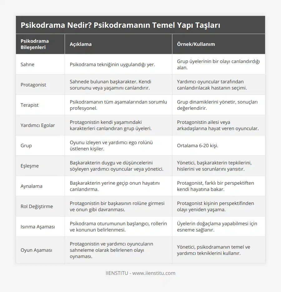 Sahne, Psikodrama tekniğinin uygulandığı yer, Grup üyelerinin bir olayı canlandırdığı alan, Protagonist, Sahnede bulunan başkarakter Kendi sorununu veya yaşamını canlandırır, Yardımcı oyuncular tarafından canlandırılacak hastanın seçimi, Terapist, Psikodramanın tüm aşamalarından sorumlu profesyonel, Grup dinamiklerini yönetir, sonuçları değerlendirir, Yardımcı Egolar, Protagonistin kendi yaşamındaki karakterleri canlandıran grup üyeleri, Protagonistin ailesi veya arkadaşlarına hayat veren oyuncular, Grup, Oyunu izleyen ve yardımcı ego rolünü üstlenen kişiler, Ortalama 6-20 kişi, Eşleşme, Başkarakterin duygu ve düşüncelerini söyleyen yardımcı oyuncular veya yönetici, Yönetici, başkarakterin tepkilerini, hislerini ve sorunlarını yansıtır, Aynalama, Başkarakterin yerine geçip onun hayatını canlandırma, Protagonist, farklı bir perspektiften kendi hayatına bakar, Rol Değiştirme, Protagonistin bir başkasının rolüne girmesi ve onun gibi davranması, Protagonist kişinin perspektifinden olayı yeniden yaşama, Isınma Aşaması, Psikodrama oturumunun başlangıcı, rollerin ve konunun belirlenmesi, Üyelerin doğaçlama yapabilmesi için esneme sağlanır, Oyun Aşaması, Protagonistin ve yardımcı oyuncuların sahneleme olarak belirlenen olayı oynaması, Yönetici, psikodramanın temel ve yardımcı tekniklerini kullanır