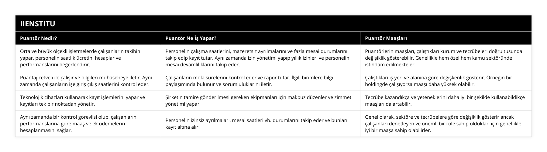 Orta ve büyük ölçekli işletmelerde çalışanların takibini yapar, personelin saatlik ücretini hesaplar ve performanslarını değerlendirir, Personelin çalışma saatlerini, mazeretsiz ayrılmalarını ve fazla mesai durumlarını takip edip kayıt tutar Aynı zamanda izin yönetimi yapıp yıllık izinleri ve personelin mesai devamlılıklarını takip eder, Puantörlerin maaşları, çalıştıkları kurum ve tecrübeleri doğrultusunda değişiklik gösterebilir Genellikle hem özel hem kamu sektöründe istihdam edilmekteler, Puantaj cetveli ile çalışır ve bilgileri muhasebeye iletir Aynı zamanda çalışanların işe giriş çıkış saatlerini kontrol eder, Çalışanların mola sürelerini kontrol eder ve rapor tutar İlgili birimlere bilgi paylaşımında bulunur ve sorumluluklarını iletir, Çalıştıkları iş yeri ve alanına göre değişkenlik gösterir Örneğin bir holdingde çalışıyorsa maaşı daha yüksek olabilir, Teknolojik cihazları kullanarak kayıt işlemlerini yapar ve kayıtları tek bir noktadan yönetir, Şirketin tamire gönderilmesi gereken ekipmanları için makbuz düzenler ve zimmet yönetimi yapar, Tecrübe kazandıkça ve yeteneklerini daha iyi bir şekilde kullanabildikçe maaşları da artabilir, Aynı zamanda bir kontrol görevlisi olup, çalışanların performanslarına göre maaş ve ek ödemelerin hesaplanmasını sağlar, Personelin izinsiz ayrılmaları, mesai saatleri vb durumlarını takip eder ve bunları kayıt altına alır, Genel olarak, sektöre ve tecrübelere göre değişiklik gösterir ancak çalışanları denetleyen ve önemli bir role sahip oldukları için genellikle iyi bir maaşa sahip olabilirler