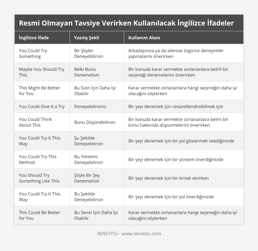 You Could Try Something, Bir Şeyler Deneyebilirsin, Arkadaşınıza ya da ailenize özgürce deneyimler yapmalarını önerirken, Maybe You Should Try This, Belki Bunu Denemelisin, Bir konuda karar vermekte zorlananlara belirli bir seçeneği denemelerini önerirken, This Might Be Better for You, Bu Sizin İçin Daha İyi Olabilir, Karar vermekte zorlananlara hangi seçeneğin daha iyi olacağını söylerken, You Could Give It a Try, Deneyebilirsiniz, Bir şeyi denemek için cesaretlendirebilmek için, You Could Think About This, Bunu Düşünebilirsin, Bir konuda karar vermekte zorlananlara belirli bir konu hakkında düşünmelerini önerirken, You Could Try It This Way, Şu Şekilde Deneyebilirsin, Bir şeyi denemek için bir yol göstermek istediğinizde, You Could Try This Method, Bu Yöntemi Deneyebilirsin, Bir şeyi denemek için bir yöntem önerdiğinizde, You Should Try Something Like This, Şöyle Bir Şey Denemelisin, Bir şeyi denemek için bir örnek verirken, You Could Try It This Way, Bu Şekilde Deneyebilirsin, Bir şeyi denemek için bir yol önerdiğinizde, This Could Be Better for You, Bu Senin İçin Daha İyi Olabilir, Karar vermekte zorlananlara hangi seçeneğin daha iyi olacağını söylerken