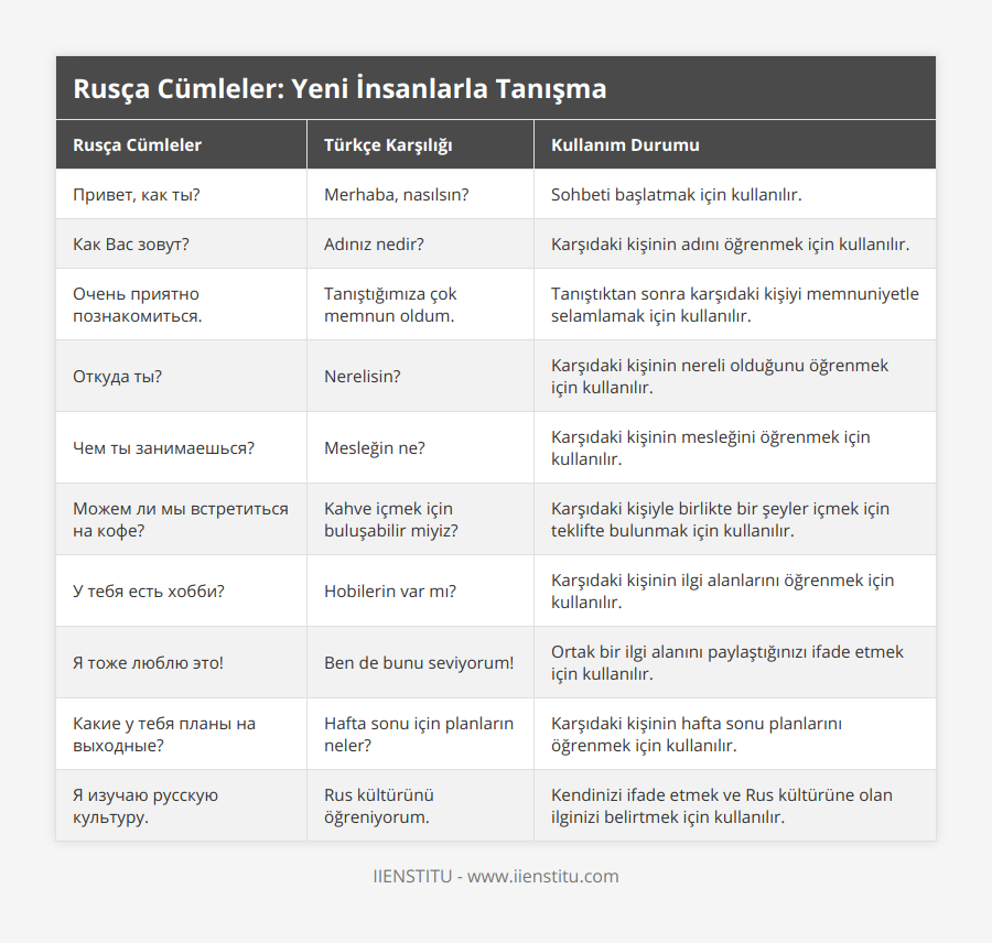 Привет, как ты?, Merhaba, nasılsın?, Sohbeti başlatmak için kullanılır, Как Вас зовут?, Adınız nedir?, Karşıdaki kişinin adını öğrenmek için kullanılır, Очень приятно познакомиться, Tanıştığımıza çok memnun oldum, Tanıştıktan sonra karşıdaki kişiyi memnuniyetle selamlamak için kullanılır, Откуда ты?, Nerelisin?, Karşıdaki kişinin nereli olduğunu öğrenmek için kullanılır, Чем ты занимаешься?, Mesleğin ne?, Karşıdaki kişinin mesleğini öğrenmek için kullanılır, Можем ли мы встретиться на кофе?, Kahve içmek için buluşabilir miyiz?, Karşıdaki kişiyle birlikte bir şeyler içmek için teklifte bulunmak için kullanılır, У тебя есть хобби?, Hobilerin var mı?, Karşıdaki kişinin ilgi alanlarını öğrenmek için kullanılır, Я тоже люблю это!, Ben de bunu seviyorum!, Ortak bir ilgi alanını paylaştığınızı ifade etmek için kullanılır, Какие у тебя планы на выходные?, Hafta sonu için planların neler?, Karşıdaki kişinin hafta sonu planlarını öğrenmek için kullanılır, Я изучаю русскую культуру, Rus kültürünü öğreniyorum, Kendinizi ifade etmek ve Rus kültürüne olan ilginizi belirtmek için kullanılır