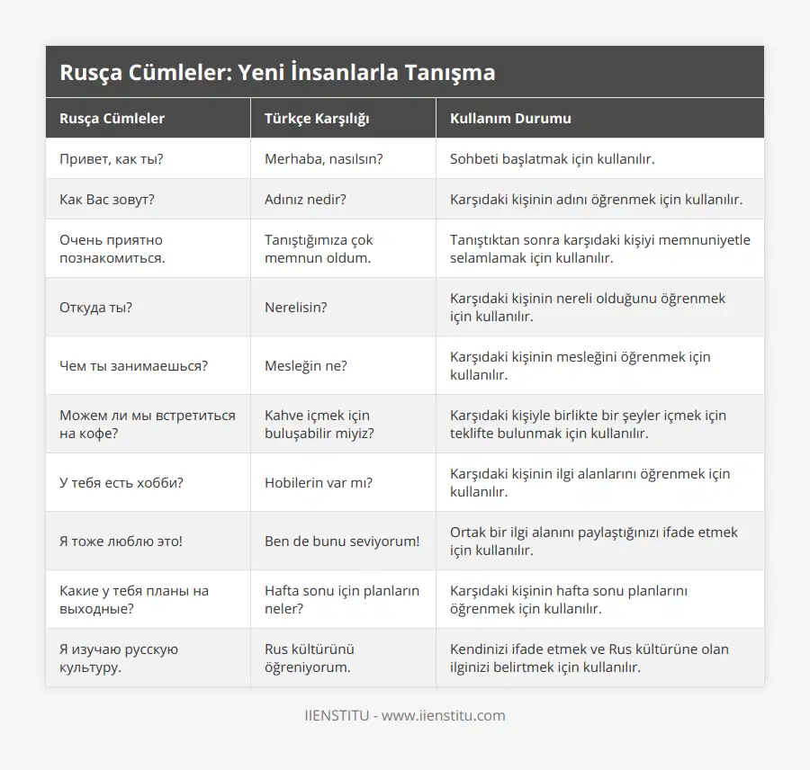 Привет, как ты?, Merhaba, nasılsın?, Sohbeti başlatmak için kullanılır, Как Вас зовут?, Adınız nedir?, Karşıdaki kişinin adını öğrenmek için kullanılır, Очень приятно познакомиться, Tanıştığımıza çok memnun oldum, Tanıştıktan sonra karşıdaki kişiyi memnuniyetle selamlamak için kullanılır, Откуда ты?, Nerelisin?, Karşıdaki kişinin nereli olduğunu öğrenmek için kullanılır, Чем ты занимаешься?, Mesleğin ne?, Karşıdaki kişinin mesleğini öğrenmek için kullanılır, Можем ли мы встретиться на кофе?, Kahve içmek için buluşabilir miyiz?, Karşıdaki kişiyle birlikte bir şeyler içmek için teklifte bulunmak için kullanılır, У тебя есть хобби?, Hobilerin var mı?, Karşıdaki kişinin ilgi alanlarını öğrenmek için kullanılır, Я тоже люблю это!, Ben de bunu seviyorum!, Ortak bir ilgi alanını paylaştığınızı ifade etmek için kullanılır, Какие у тебя планы на выходные?, Hafta sonu için planların neler?, Karşıdaki kişinin hafta sonu planlarını öğrenmek için kullanılır, Я изучаю русскую культуру, Rus kültürünü öğreniyorum, Kendinizi ifade etmek ve Rus kültürüne olan ilginizi belirtmek için kullanılır