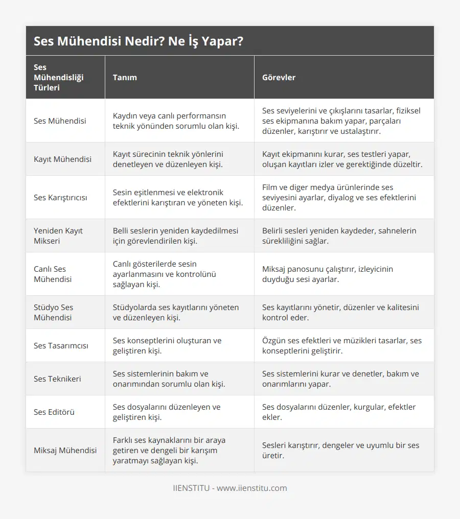 Ses Mühendisi, Kaydın veya canlı performansın teknik yönünden sorumlu olan kişi, Ses seviyelerini ve çıkışlarını tasarlar, fiziksel ses ekipmanına bakım yapar, parçaları düzenler, karıştırır ve ustalaştırır, Kayıt Mühendisi, Kayıt sürecinin teknik yönlerini denetleyen ve düzenleyen kişi, Kayıt ekipmanını kurar, ses testleri yapar, oluşan kayıtları izler ve gerektiğinde düzeltir, Ses Karıştırıcısı, Sesin eşitlenmesi ve elektronik efektlerini karıştıran ve yöneten kişi, Film ve diger medya ürünlerinde ses seviyesini ayarlar, diyalog ve ses efektlerini düzenler, Yeniden Kayıt Mikseri, Belli seslerin yeniden kaydedilmesi için görevlendirilen kişi, Belirli sesleri yeniden kaydeder, sahnelerin sürekliliğini sağlar, Canlı Ses Mühendisi, Canlı gösterilerde sesin ayarlanmasını ve kontrolünü sağlayan kişi, Miksaj panosunu çalıştırır, izleyicinin duyduğu sesi ayarlar, Stüdyo Ses Mühendisi, Stüdyolarda ses kayıtlarını yöneten ve düzenleyen kişi, Ses kayıtlarını yönetir, düzenler ve kalitesini kontrol eder, Ses Tasarımcısı, Ses konseptlerini oluşturan ve geliştiren kişi, Özgün ses efektleri ve müzikleri tasarlar, ses konseptlerini geliştirir, Ses Teknikeri, Ses sistemlerinin bakım ve onarımından sorumlu olan kişi, Ses sistemlerini kurar ve denetler, bakım ve onarımlarını yapar, Ses Editörü, Ses dosyalarını düzenleyen ve geliştiren kişi, Ses dosyalarını düzenler, kurgular, efektler ekler, Miksaj Mühendisi, Farklı ses kaynaklarını bir araya getiren ve dengeli bir karışım yaratmayı sağlayan kişi, Sesleri karıştırır, dengeler ve uyumlu bir ses üretir