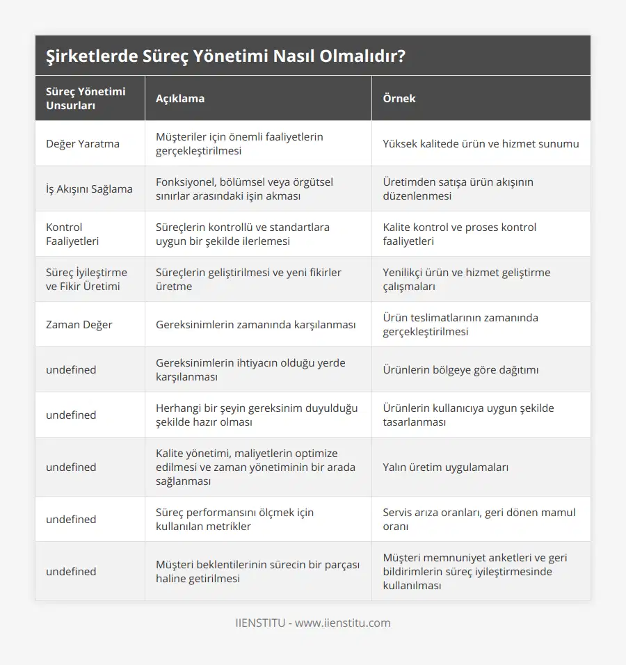 Değer Yaratma, Müşteriler için önemli faaliyetlerin gerçekleştirilmesi, Yüksek kalitede ürün ve hizmet sunumu, İş Akışını Sağlama, Fonksiyonel, bölümsel veya örgütsel sınırlar arasındaki işin akması, Üretimden satışa ürün akışının düzenlenmesi, Kontrol Faaliyetleri, Süreçlerin kontrollü ve standartlara uygun bir şekilde ilerlemesi, Kalite kontrol ve proses kontrol faaliyetleri, Süreç İyileştirme ve Fikir Üretimi, Süreçlerin geliştirilmesi ve yeni fikirler üretme, Yenilikçi ürün ve hizmet geliştirme çalışmaları, Zaman Değer, Gereksinimlerin zamanında karşılanması, Ürün teslimatlarının zamanında gerçekleştirilmesi, Yer Değer, Gereksinimlerin ihtiyacın olduğu yerde karşılanması, Ürünlerin bölgeye göre dağıtımı, Şekil Değer, Herhangi bir şeyin gereksinim duyulduğu şekilde hazır olması, Ürünlerin kullanıcıya uygun şekilde tasarlanması, Yalın Yaklaşım, Kalite yönetimi, maliyetlerin optimize edilmesi ve zaman yönetiminin bir arada sağlanması, Yalın üretim uygulamaları, Çıktı Performans Ölçütleri, Süreç performansını ölçmek için kullanılan metrikler, Servis arıza oranları, geri dönen mamul oranı, Müşterinin Sesi, Müşteri beklentilerinin sürecin bir parçası haline getirilmesi, Müşteri memnuniyet anketleri ve geri bildirimlerin süreç iyileştirmesinde kullanılması