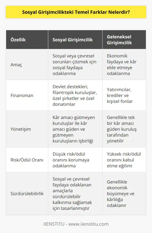 1. Amaçlar: Sosyal girişimciler, sosyal veya çevresel sorunları çözmek için ekonomik faydaya odaklanan girişimcilerden farklı olarak, sosyal faydaya odaklanırlar.  2. Finansman: Sosyal girişimcilik, çoğunlukla devlet destekleri, filantropik kuruluşlar, özel şirketler ve özel donatımlarla finanse edilir.  3. Yönetişim: Sosyal girişimcilik, kar amacı gütmeyen kuruluşlar ile kar amacı gütmeyen ve kar amacı gütmeyen kuruluşların bir araya gelerek oluşturdukları güçleri kullanarak gerçekleştirilir.  4. Risk/Ödül: Sosyal girişimcilik, özellikle kar amacı gütmeyen kuruluşların, kar amacı gütmeyen ve kar amacı gütmeyen kuruluşlar arasında risk/ödül oranını düşük tutmasına odaklanır.  5.   : Sosyal girişimcilik, sosyal ve çevresel faydaya odaklanan amaçlarla sürdürülebilir kalkınma sağlamak için tasarlandı.