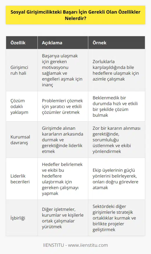 1. Girişimci ruh hali: Her şeyi başarabileceğinizi inanmak ve karşılaştığınız her engeli aşabilmek için gereken motivasyonu sağlamak.  2. Çözüm odaklı yaklaşım: Girişiminizin başarıya ulaşması için problemleri çözmek için çözümcü yaklaşımı sergilemek.  3. Kurumsal davranış: Girişiminizdeki herkesin kararlarının arkasında duracak ve gerektiğinde çalışanlara emirler vermeye hazır olmak.  4. Liderlik becerileri: Siz ve ekibinizi ileriye götürebilecek hedefler koymak ve gereken çalışmayı yapmak.  5. İşbirliği: Girişiminizin başarısı için diğer işletmeler, kurumlar ve kişilerle işbirliği yapmak.  6. Risk alma: Girişiminizin başarısı için alacağınız riskleri bilinçli ve stratejik olarak değerlendirmek.  7. İletişim: Girişiminizin başarısı için iyi bir iletişim kurmak ve güven oluşturmak.  8. Değişim odaklı: Girişiminize değişimler getirmek ve kendinizi sürekli geliştirmek.