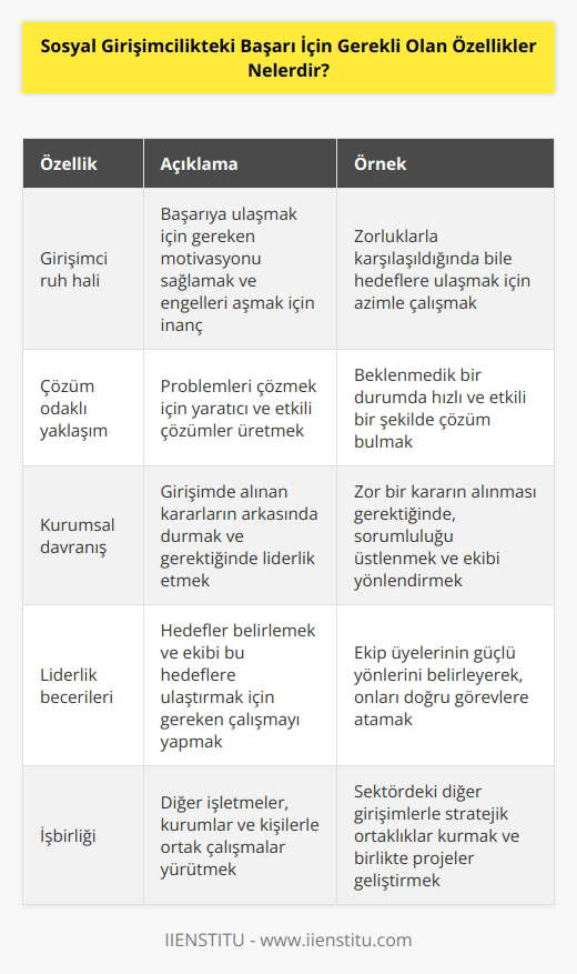 1. Girişimci ruh hali: Her şeyi başarabileceğinizi inanmak ve karşılaştığınız her engeli aşabilmek için gereken motivasyonu sağlamak. 2. Çözüm odaklı yaklaşım: Girişiminizin başarıya ulaşması için problemleri çözmek için çözümcü yaklaşımı sergilemek. 3. Kurumsal davranış: Girişiminizdeki herkesin kararlarının arkasında duracak ve gerektiğinde çalışanlara emirler vermeye hazır olmak. 4. Liderlik becerileri: Siz ve ekibinizi ileriye götürebilecek hedefler koymak ve gereken çalışmayı yapmak. 5. İşbirliği: Girişiminizin başarısı için diğer işletmeler, kurumlar ve kişilerle işbirliği yapmak. 6. Risk alma: Girişiminizin başarısı için alacağınız riskleri bilinçli ve stratejik olarak değerlendirmek. 7. İletişim: Girişiminizin başarısı için iyi bir iletişim kurmak ve güven oluşturmak. 8. Değişim odaklı: Girişiminize değişimler getirmek ve kendinizi sürekli geliştirmek.