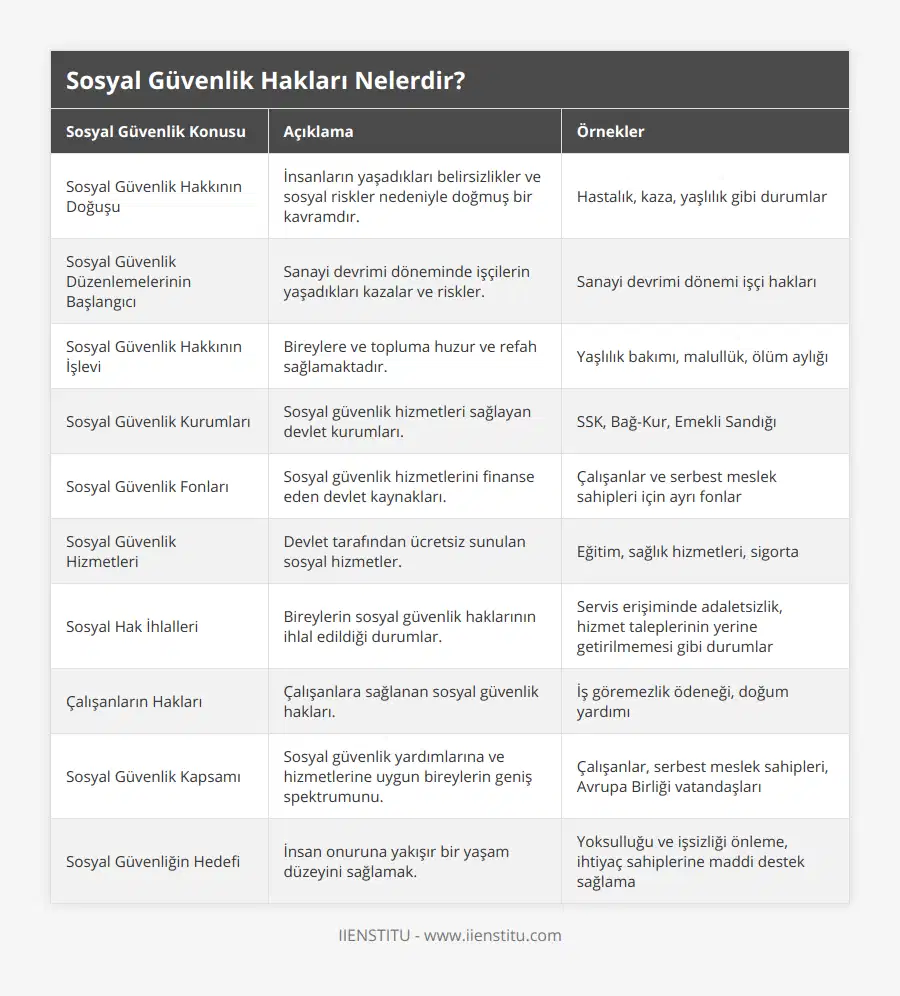 Sosyal Güvenlik Hakkının Doğuşu, İnsanların yaşadıkları belirsizlikler ve sosyal riskler nedeniyle doğmuş bir kavramdır, Hastalık, kaza, yaşlılık gibi durumlar, Sosyal Güvenlik Düzenlemelerinin Başlangıcı, Sanayi devrimi döneminde işçilerin yaşadıkları kazalar ve riskler, Sanayi devrimi dönemi işçi hakları, Sosyal Güvenlik Hakkının İşlevi, Bireylere ve topluma huzur ve refah sağlamaktadır, Yaşlılık bakımı, malullük, ölüm aylığı, Sosyal Güvenlik Kurumları, Sosyal güvenlik hizmetleri sağlayan devlet kurumları, SSK, Bağ-Kur, Emekli Sandığı, Sosyal Güvenlik Fonları, Sosyal güvenlik hizmetlerini finanse eden devlet kaynakları, Çalışanlar ve serbest meslek sahipleri için ayrı fonlar, Sosyal Güvenlik Hizmetleri, Devlet tarafından ücretsiz sunulan sosyal hizmetler, Eğitim, sağlık hizmetleri, sigorta, Sosyal Hak İhlalleri, Bireylerin sosyal güvenlik haklarının ihlal edildiği durumlar, Servis erişiminde adaletsizlik, hizmet taleplerinin yerine getirilmemesi gibi durumlar, Çalışanların Hakları, Çalışanlara sağlanan sosyal güvenlik hakları, İş göremezlik ödeneği, doğum yardımı, Sosyal Güvenlik Kapsamı, Sosyal güvenlik yardımlarına ve hizmetlerine uygun bireylerin geniş spektrumunu, Çalışanlar, serbest meslek sahipleri, Avrupa Birliği vatandaşları, Sosyal Güvenliğin Hedefi, İnsan onuruna yakışır bir yaşam düzeyini sağlamak, Yoksulluğu ve işsizliği önleme, ihtiyaç sahiplerine maddi destek sağlama