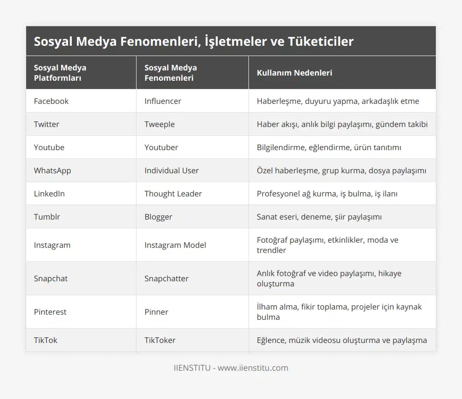 Facebook, Influencer, Haberleşme, duyuru yapma, arkadaşlık etme, Twitter, Tweeple, Haber akışı, anlık bilgi paylaşımı, gündem takibi, Youtube, Youtuber, Bilgilendirme, eğlendirme, ürün tanıtımı, WhatsApp, Individual User, Özel haberleşme, grup kurma, dosya paylaşımı, LinkedIn, Thought Leader, Profesyonel ağ kurma, iş bulma, iş ilanı, Tumblr, Blogger, Sanat eseri, deneme, şiir paylaşımı, Instagram, Instagram Model, Fotoğraf paylaşımı, etkinlikler, moda ve trendler, Snapchat, Snapchatter, Anlık fotoğraf ve video paylaşımı, hikaye oluşturma, Pinterest, Pinner, İlham alma, fikir toplama, projeler için kaynak bulma, TikTok, TikToker, Eğlence, müzik videosu oluşturma ve paylaşma