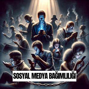 Bu görselde, sosyal medya bağımlılığını temsil eden güçlü bir metafor görüyoruz. Resimde farklı yaş, cinsiyet ve etnik kökenlerden insanlar, karanlık ve sisli bir ortamda cep telefonlarına dikkatle bakan figürler olarak tasvir edilmişler. Her bir karakterin yüzü cep telefonunun mavi ışığıyla aydınlatılmış ve bu onlara hayaletimsi, odaklanmış bir ifade kazandırmış. Özellikle, ön plandaki bir adamın göğsünden çıkan mavi ışık, sosyal medyanın fiziksel bir varlık olarak insanların iç dünyalarına nasıl nüfuz ettiğini vurguluyor gibi görünüyor.  Bazı karakterler zincirlerle birbirine bağlanmış, bu da onların teknolojiye olan bağımlılıklarının bir esarete dönüştüğünü simgeliyor. Her bir kişinin izole edilmiş duruşu, sosyal medyanın insanlar arasındaki gerçek bağları nasıl zayıflatabileceğini ve bireyleri nasıl yalnızlaştırabileceğini anlatıyor. Görselin genel atmosferi, sosyal medya kullanımının olumsuz etkilerini ve insan psikolojisi üzerindeki potansiyel etkisini dramatik bir şekilde ifade ediyor.