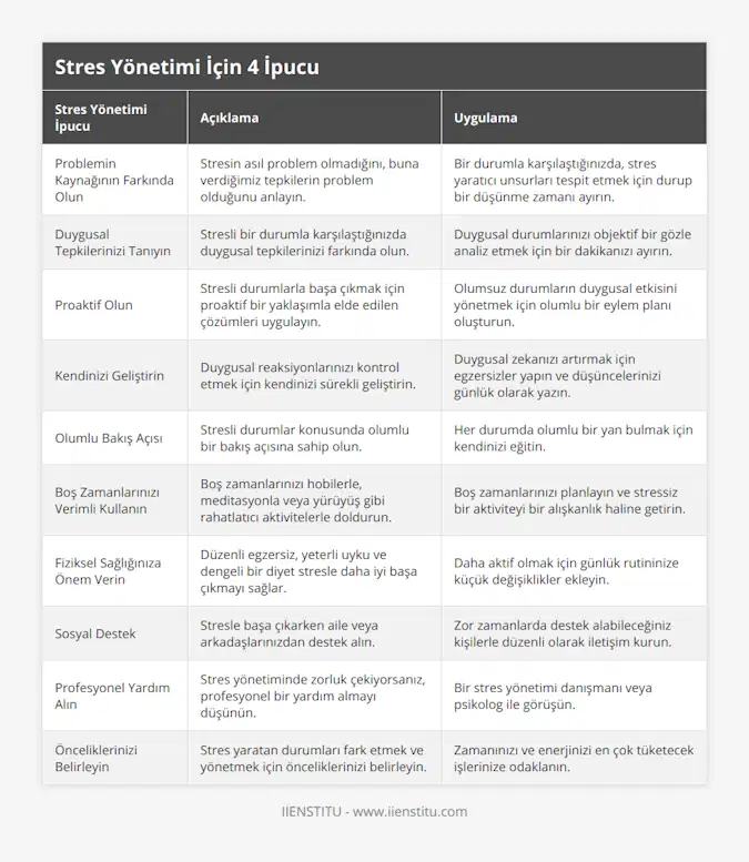 Problemin Kaynağının Farkında Olun, Stresin asıl problem olmadığını, buna verdiğimiz tepkilerin problem olduğunu anlayın, Bir durumla karşılaştığınızda, stres yaratıcı unsurları tespit etmek için durup bir düşünme zamanı ayırın, Duygusal Tepkilerinizi Tanıyın, Stresli bir durumla karşılaştığınızda duygusal tepkilerinizi farkında olun, Duygusal durumlarınızı objektif bir gözle analiz etmek için bir dakikanızı ayırın, Proaktif Olun, Stresli durumlarla başa çıkmak için proaktif bir yaklaşımla elde edilen çözümleri uygulayın, Olumsuz durumların duygusal etkisini yönetmek için olumlu bir eylem planı oluşturun, Kendinizi Geliştirin, Duygusal reaksiyonlarınızı kontrol etmek için kendinizi sürekli geliştirin, Duygusal zekanızı artırmak için egzersizler yapın ve düşüncelerinizi günlük olarak yazın, Olumlu Bakış Açısı, Stresli durumlar konusunda olumlu bir bakış açısına sahip olun, Her durumda olumlu bir yan bulmak için kendinizi eğitin, Boş Zamanlarınızı Verimli Kullanın, Boş zamanlarınızı hobilerle, meditasyonla veya yürüyüş gibi rahatlatıcı aktivitelerle doldurun, Boş zamanlarınızı planlayın ve stressiz bir aktiviteyi bir alışkanlık haline getirin, Fiziksel Sağlığınıza Önem Verin, Düzenli egzersiz, yeterli uyku ve dengeli bir diyet stresle daha iyi başa çıkmayı sağlar, Daha aktif olmak için günlük rutininize küçük değişiklikler ekleyin, Sosyal Destek, Stresle başa çıkarken aile veya arkadaşlarınızdan destek alın, Zor zamanlarda destek alabileceğiniz kişilerle düzenli olarak iletişim kurun, Profesyonel Yardım Alın, Stres yönetiminde zorluk çekiyorsanız, profesyonel bir yardım almayı düşünün, Bir stres yönetimi danışmanı veya psikolog ile görüşün, Önceliklerinizi Belirleyin, Stres yaratan durumları fark etmek ve yönetmek için önceliklerinizi belirleyin, Zamanınızı ve enerjinizi en çok tüketecek işlerinize odaklanın