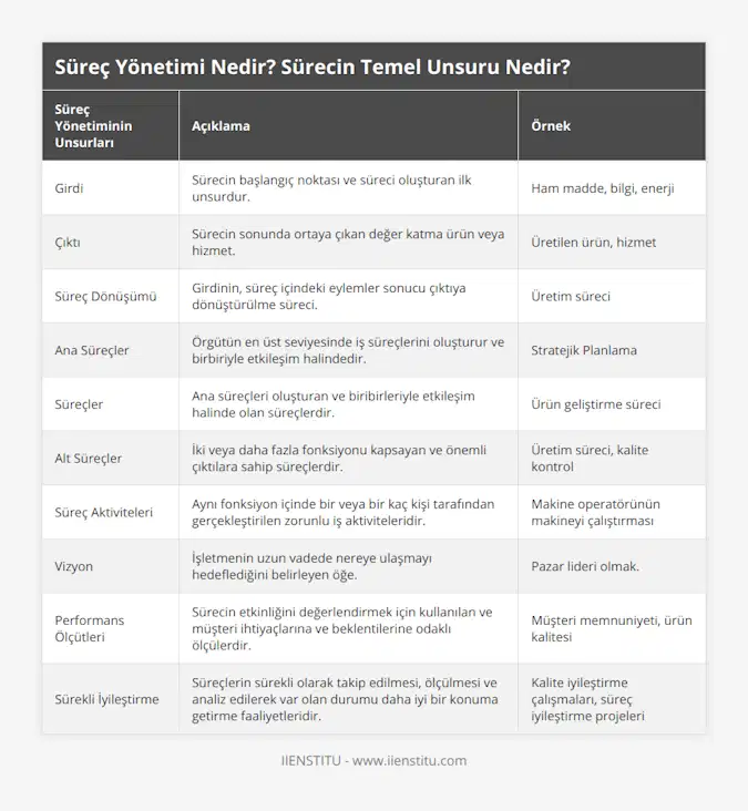 Girdi, Sürecin başlangıç noktası ve süreci oluşturan ilk unsurdur, Ham madde, bilgi, enerji, Çıktı, Sürecin sonunda ortaya çıkan değer katma ürün veya hizmet, Üretilen ürün, hizmet, Süreç Dönüşümü, Girdinin, süreç içindeki eylemler sonucu çıktıya dönüştürülme süreci, Üretim süreci, Ana Süreçler, Örgütün en üst seviyesinde iş süreçlerini oluşturur ve birbiriyle etkileşim halindedir, Stratejik Planlama, Süreçler, Ana süreçleri oluşturan ve biribirleriyle etkileşim halinde olan süreçlerdir, Ürün geliştirme süreci, Alt Süreçler, İki veya daha fazla fonksiyonu kapsayan ve önemli çıktılara sahip süreçlerdir, Üretim süreci, kalite kontrol, Süreç Aktiviteleri, Aynı fonksiyon içinde bir veya bir kaç kişi tarafından gerçekleştirilen zorunlu iş aktiviteleridir, Makine operatörünün makineyi çalıştırması, Vizyon, İşletmenin uzun vadede nereye ulaşmayı hedeflediğini belirleyen öğe, Pazar lideri olmak, Performans Ölçütleri, Sürecin etkinliğini değerlendirmek için kullanılan ve müşteri ihtiyaçlarına ve beklentilerine odaklı ölçülerdir, Müşteri memnuniyeti, ürün kalitesi, Sürekli İyileştirme, Süreçlerin sürekli olarak takip edilmesi, ölçülmesi ve analiz edilerek var olan durumu daha iyi bir konuma getirme faaliyetleridir, Kalite iyileştirme çalışmaları, süreç iyileştirme projeleri