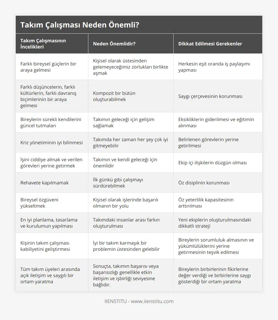 Farklı bireysel güçlerin bir araya gelmesi, Kişisel olarak üstesinden gelemeyeceğimiz zorlukları birlikte aşmak, Herkesin eşit oranda iş paylaşımı yapması, Farklı düşüncelerin, farklı kültürlerin, farklı davranış biçimlerinin bir araya gelmesi, Kompozit bir bütün oluşturabilmek, Saygı çerçevesinin korunması, Bireylerin sürekli kendilerini güncel tutmaları, Takımın geleceği için gelişim sağlamak, Eksikliklerin giderilmesi ve eğitimin alınması, Kriz yönetiminin iyi bilinmesi, Takımda her zaman her şey çok iyi gitmeyebilir, Belirlenen görevlerin yerine getirilmesi, İşini ciddiye almak ve verilen görevleri yerine getirmek, Takımın ve kendi geleceği için önemlidir, Ekip içi ilişkilerin düzgün olması, Rehavete kapılmamak, İlk günkü gibi çalışmayı sürdürebilmek, Öz disiplinin korunması, Bireysel özgüveni yükseltmek, Kişisel olarak işlerinde başarılı olmanın bir yolu, Öz yeterlilik kapasitesinin arttırılması, En iyi planlama, tasarlama ve kurulumun yapılması, Takımdaki insanlar arası farkın oluşturulması, Yeni ekiplerin oluşturulmasındaki dikkatli strateji, Kişinin takım çalışması kabiliyetini geliştirmesi, İyi bir takım karmaşık bir problemin üstesinden gelebilir, Bireylerin sorumluluk almasının ve yükümlülüklerini yerine getirmesinin teşvik edilmesi, Tüm takım üyeleri arasında açık iletişim ve saygılı bir ortam yaratma, Sonuçta, takımın başarısı veya başarısızlığı genellikle etkin iletişim ve işbirliği seviyesine bağlıdır, Bireylerin birbirlerinin fikirlerine değer verdiği ve birbirlerine saygı gösterdiği bir ortam yaratma