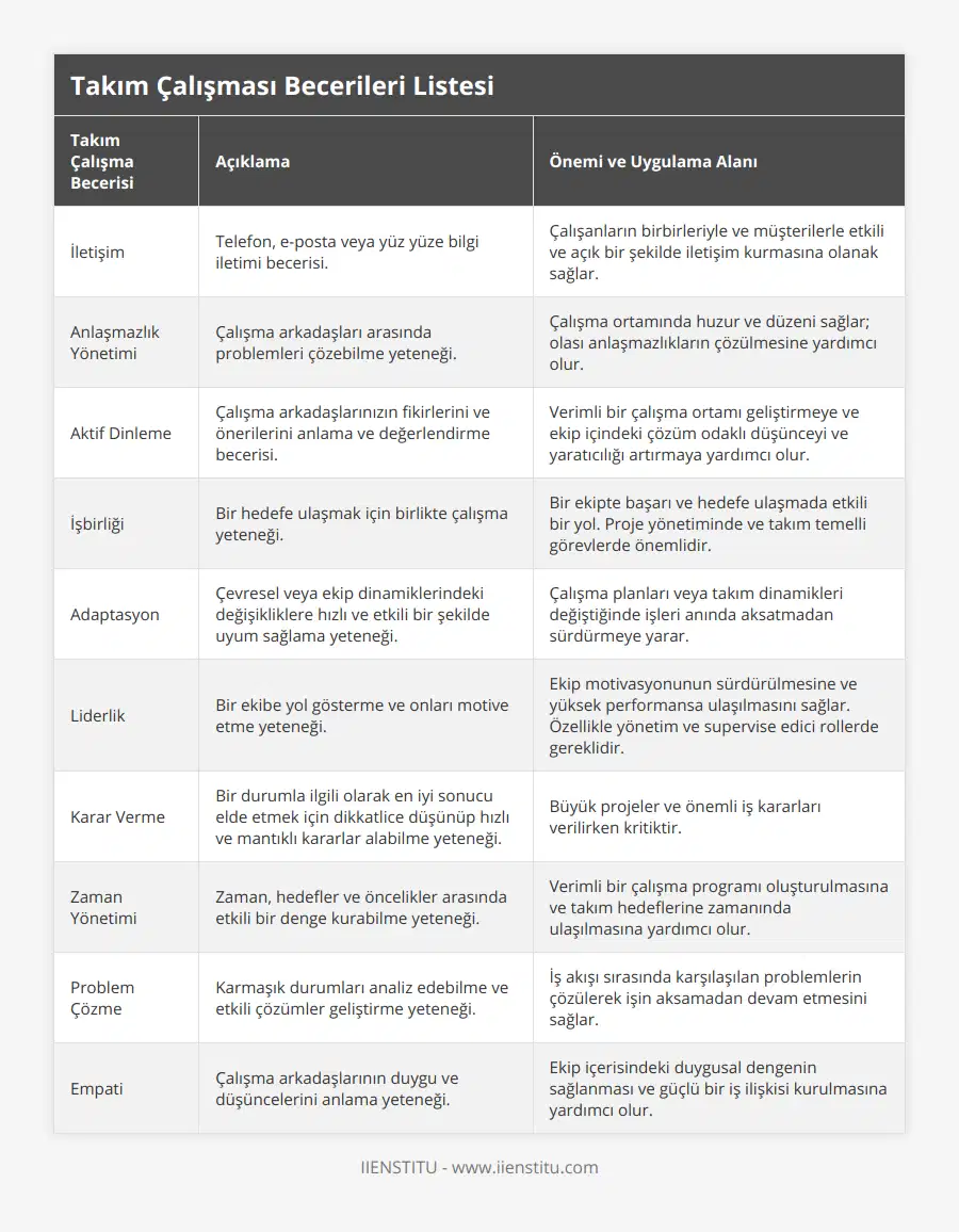 İletişim, Telefon, e-posta veya yüz yüze bilgi iletimi becerisi, Çalışanların birbirleriyle ve müşterilerle etkili ve açık bir şekilde iletişim kurmasına olanak sağlar, Anlaşmazlık Yönetimi, Çalışma arkadaşları arasında problemleri çözebilme yeteneği, Çalışma ortamında huzur ve düzeni sağlar; olası anlaşmazlıkların çözülmesine yardımcı olur, Aktif Dinleme, Çalışma arkadaşlarınızın fikirlerini ve önerilerini anlama ve değerlendirme becerisi, Verimli bir çalışma ortamı geliştirmeye ve ekip içindeki çözüm odaklı düşünceyi ve yaratıcılığı artırmaya yardımcı olur, İşbirliği, Bir hedefe ulaşmak için birlikte çalışma yeteneği, Bir ekipte başarı ve hedefe ulaşmada etkili bir yol Proje yönetiminde ve takım temelli görevlerde önemlidir, Adaptasyon, Çevresel veya ekip dinamiklerindeki değişikliklere hızlı ve etkili bir şekilde uyum sağlama yeteneği, Çalışma planları veya takım dinamikleri değiştiğinde işleri anında aksatmadan sürdürmeye yarar, Liderlik, Bir ekibe yol gösterme ve onları motive etme yeteneği, Ekip motivasyonunun sürdürülmesine ve yüksek performansa ulaşılmasını sağlar Özellikle yönetim ve supervise edici rollerde gereklidir, Karar Verme, Bir durumla ilgili olarak en iyi sonucu elde etmek için dikkatlice düşünüp hızlı ve mantıklı kararlar alabilme yeteneği, Büyük projeler ve önemli iş kararları verilirken kritiktir, Zaman Yönetimi, Zaman, hedefler ve öncelikler arasında etkili bir denge kurabilme yeteneği, Verimli bir çalışma programı oluşturulmasına ve takım hedeflerine zamanında ulaşılmasına yardımcı olur, Problem Çözme, Karmaşık durumları analiz edebilme ve etkili çözümler geliştirme yeteneği, İş akışı sırasında karşılaşılan problemlerin çözülerek işin aksamadan devam etmesini sağlar, Empati, Çalışma arkadaşlarının duygu ve düşüncelerini anlama yeteneği, Ekip içerisindeki duygusal dengenin sağlanması ve güçlü bir iş ilişkisi kurulmasına yardımcı olur