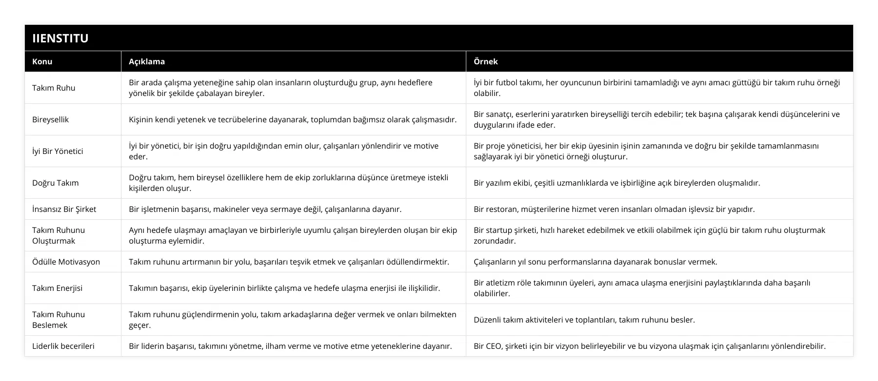 Takım Ruhu, Bir arada çalışma yeteneğine sahip olan insanların oluşturduğu grup, aynı hedeflere yönelik bir şekilde çabalayan bireyler, İyi bir futbol takımı, her oyuncunun birbirini tamamladığı ve aynı amacı güttüğü bir takım ruhu örneği olabilir, Bireysellik, Kişinin kendi yetenek ve tecrübelerine dayanarak, toplumdan bağımsız olarak çalışmasıdır, Bir sanatçı, eserlerini yaratırken bireyselliği tercih edebilir; tek başına çalışarak kendi düşüncelerini ve duygularını ifade eder, İyi Bir Yönetici, İyi bir yönetici, bir işin doğru yapıldığından emin olur, çalışanları yönlendirir ve motive eder, Bir proje yöneticisi, her bir ekip üyesinin işinin zamanında ve doğru bir şekilde tamamlanmasını sağlayarak iyi bir yönetici örneği oluşturur, Doğru Takım, Doğru takım, hem bireysel özelliklere hem de ekip zorluklarına düşünce üretmeye istekli kişilerden oluşur, Bir yazılım ekibi, çeşitli uzmanlıklarda ve işbirliğine açık bireylerden oluşmalıdır, İnsansız Bir Şirket, Bir işletmenin başarısı, makineler veya sermaye değil, çalışanlarına dayanır, Bir restoran, müşterilerine hizmet veren insanları olmadan işlevsiz bir yapıdır, Takım Ruhunu Oluşturmak, Aynı hedefe ulaşmayı amaçlayan ve birbirleriyle uyumlu çalışan bireylerden oluşan bir ekip oluşturma eylemidir, Bir startup şirketi, hızlı hareket edebilmek ve etkili olabilmek için güçlü bir takım ruhu oluşturmak zorundadır, Ödülle Motivasyon, Takım ruhunu artırmanın bir yolu, başarıları teşvik etmek ve çalışanları ödüllendirmektir, Çalışanların yıl sonu performanslarına dayanarak bonuslar vermek, Takım Enerjisi, Takımın başarısı, ekip üyelerinin birlikte çalışma ve hedefe ulaşma enerjisi ile ilişkilidir, Bir atletizm röle takımının üyeleri, aynı amaca ulaşma enerjisini paylaştıklarında daha başarılı olabilirler, Takım Ruhunu Beslemek, Takım ruhunu güçlendirmenin yolu, takım arkadaşlarına değer vermek ve onları bilmekten geçer, Düzenli takım aktiviteleri ve toplantıları, takım ruhunu besler, Liderlik becerileri, Bir liderin başarısı, takımını yönetme, ilham verme ve motive etme yeteneklerine dayanır, Bir CEO, şirketi için bir vizyon belirleyebilir ve bu vizyona ulaşmak için çalışanlarını yönlendirebilir