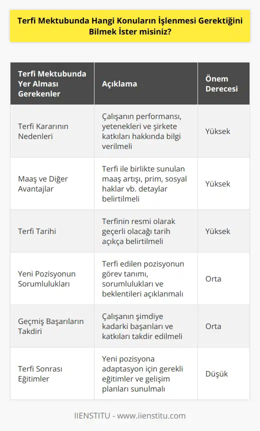 1. Terfi kararının nedenleri  2. Terfi ile birlikte sunulan maaş ve diğer avantajlar 3. Terfinin işe başlama tarihi  4. Terfi mevkiindeki sorumluluklar  5. Yeni mevkiinin görev gereksinimleri  6. Geçmiş başarılarınızın ödüllendirilmesi  7. Terfi sebebiyle yapılan eğitimler  8. Terfi mektubunun imzalanması ve teslim alınması