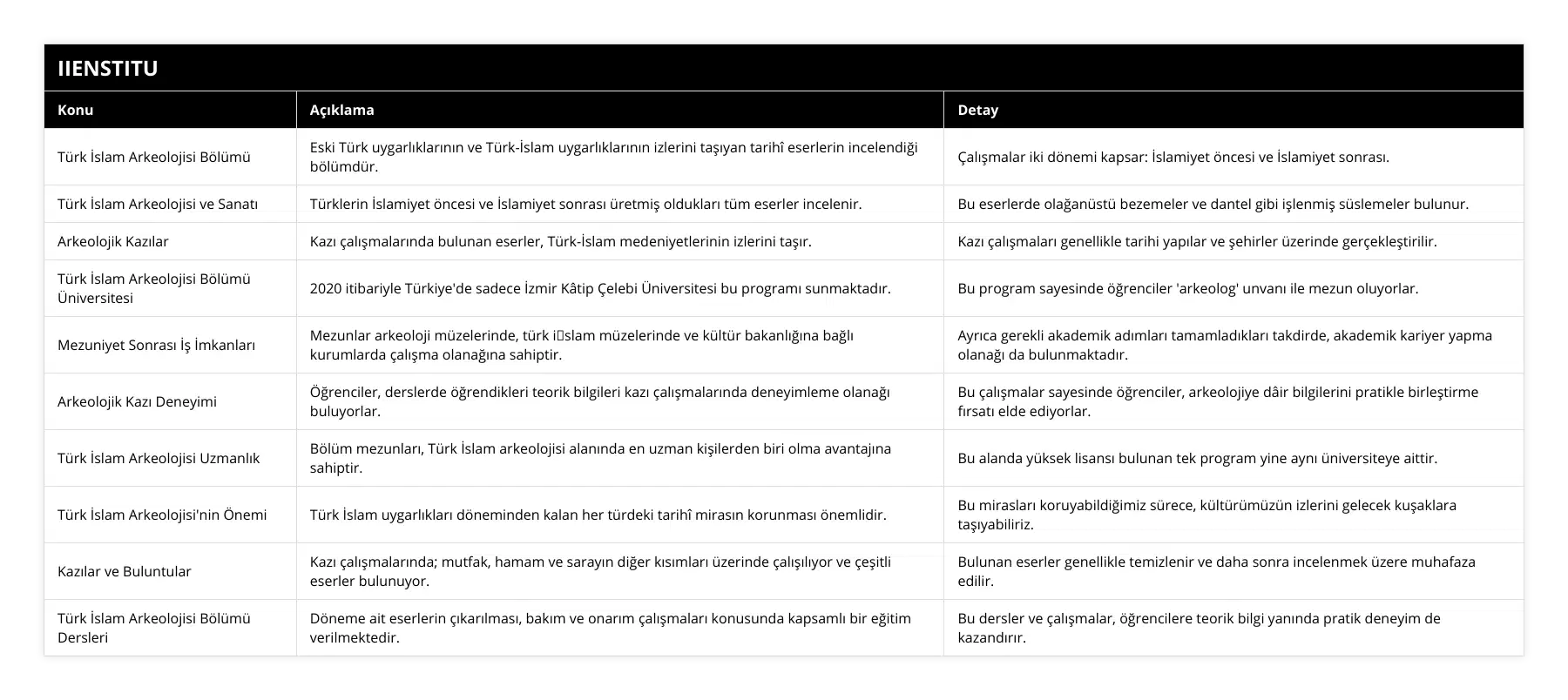 Türk İslam Arkeolojisi Bölümü, Eski Türk uygarlıklarının ve Türk-İslam uygarlıklarının izlerini taşıyan tarihî eserlerin incelendiği bölümdür, Çalışmalar iki dönemi kapsar: İslamiyet öncesi ve İslamiyet sonrası, Türk İslam Arkeolojisi ve Sanatı, Türklerin İslamiyet öncesi ve İslamiyet sonrası üretmiş oldukları tüm eserler incelenir, Bu eserlerde olağanüstü bezemeler ve dantel gibi işlenmiş süslemeler bulunur, Arkeolojik Kazılar, Kazı çalışmalarında bulunan eserler, Türk-İslam medeniyetlerinin izlerini taşır, Kazı çalışmaları genellikle tarihi yapılar ve şehirler üzerinde gerçekleştirilir, Türk İslam Arkeolojisi Bölümü Üniversitesi, 2020 itibariyle Türkiye'de sadece İzmir Kâtip Çelebi Üniversitesi bu programı sunmaktadır, Bu program sayesinde öğrenciler 'arkeolog' unvanı ile mezun oluyorlar, Mezuniyet Sonrası İş İmkanları, Mezunlar arkeoloji müzelerinde, türk i̇slam müzelerinde ve kültür bakanlığına bağlı kurumlarda çalışma olanağına sahiptir, Ayrıca gerekli akademik adımları tamamladıkları takdirde, akademik kariyer yapma olanağı da bulunmaktadır, Arkeolojik Kazı Deneyimi, Öğrenciler, derslerde öğrendikleri teorik bilgileri kazı çalışmalarında deneyimleme olanağı buluyorlar, Bu çalışmalar sayesinde öğrenciler, arkeolojiye dâir bilgilerini pratikle birleştirme fırsatı elde ediyorlar, Türk İslam Arkeolojisi Uzmanlık, Bölüm mezunları, Türk İslam arkeolojisi alanında en uzman kişilerden biri olma avantajına sahiptir, Bu alanda yüksek lisansı bulunan tek program yine aynı üniversiteye aittir, Türk İslam Arkeolojisi'nin Önemi, Türk İslam uygarlıkları döneminden kalan her türdeki tarihî mirasın korunması önemlidir, Bu mirasları koruyabildiğimiz sürece, kültürümüzün izlerini gelecek kuşaklara taşıyabiliriz, Kazılar ve Buluntular, Kazı çalışmalarında; mutfak, hamam ve sarayın diğer kısımları üzerinde çalışılıyor ve çeşitli eserler bulunuyor, Bulunan eserler genellikle temizlenir ve daha sonra incelenmek üzere muhafaza edilir, Türk İslam Arkeolojisi Bölümü Dersleri, Döneme ait eserlerin çıkarılması, bakım ve onarım çalışmaları konusunda kapsamlı bir eğitim verilmektedir, Bu dersler ve çalışmalar, öğrencilere teorik bilgi yanında pratik deneyim de kazandırır
