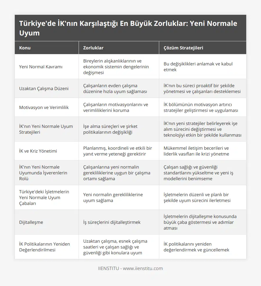 Yeni Normal Kavramı, Bireylerin alışkanlıklarının ve ekonomik sistemin dengelerinin değişmesi, Bu değişiklikleri anlamak ve kabul etmek, Uzaktan Çalışma Düzeni, Çalışanların evden çalışma düzenine hızla uyum sağlaması, İK'nın bu süreci proaktif bir şekilde yönetmesi ve çalışanları desteklemesi, Motivasyon ve Verimlilik, Çalışanların motivasyonlarını ve verimliliklerini koruma, İK bölümünün motivasyon artırıcı stratejiler geliştirmesi ve uygulaması, İK'nın Yeni Normale Uyum Stratejileri, İşe alma süreçleri ve şirket politikalarının değişikliği, İK'nın yeni stratejiler belirleyerek işe alım sürecini değiştirmesi ve teknolojiyi etkin bir şekilde kullanması, İK ve Kriz Yönetimi, Planlanmış, koordineli ve etkili bir yanıt verme yeteneği gerektirir, Mükemmel iletişim becerileri ve liderlik vasıfları ile krizi yönetme, İK'nın Yeni Normale Uyumunda İşverenlerin Rolü, Çalışanlarına yeni normalin gerekliliklerine uygun bir çalışma ortamı sağlama, Çalışan sağlığı ve güvenliği standartlarını yükseltme ve yeni iş modellerini benimseme, Türkiye'deki İşletmelerin Yeni Normale Uyum Çabaları, Yeni normalin gerekliliklerine uyum sağlama, İşletmelerin düzenli ve planlı bir şekilde uyum sürecini ilerletmesi, Dijitalleşme, İş süreçlerini dijitalleştirmek, İşletmelerin dijitalleşme konusunda büyük çaba göstermesi ve adımlar atması, İK Politikalarının Yeniden Değerlendirilmesi, Uzaktan çalışma, esnek çalışma saatleri ve çalışan sağlığı ve güvenliği gibi konulara uyum, İK politikalarını yeniden değerlendirmek ve güncellemek