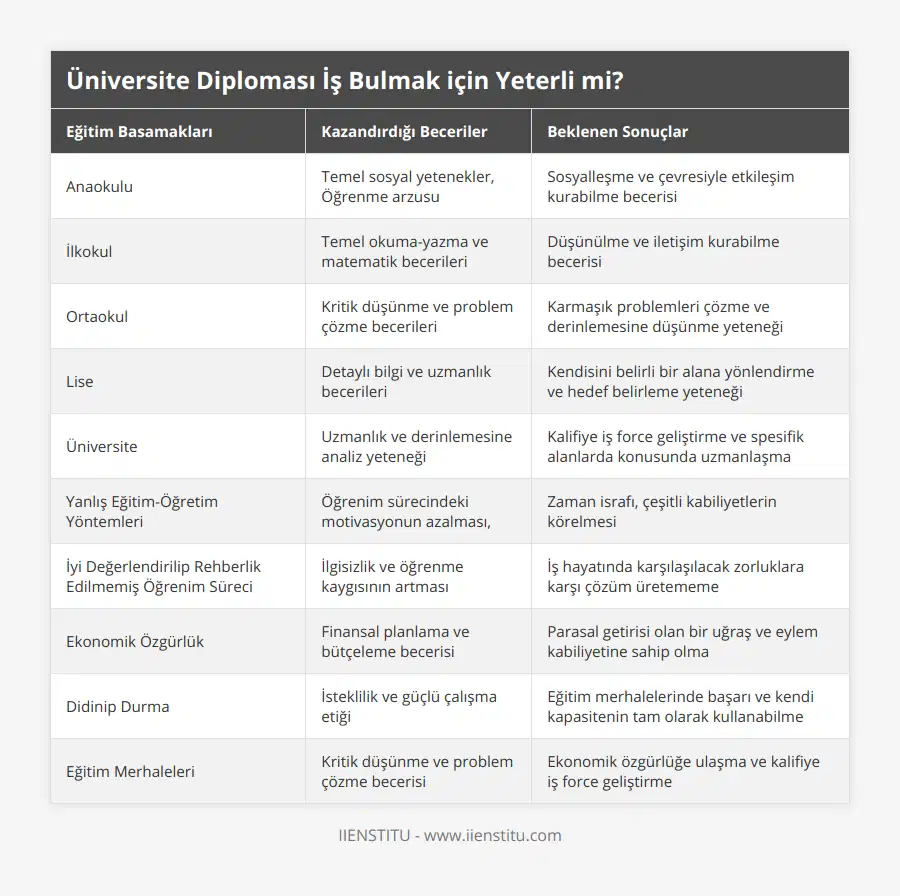 Anaokulu, Temel sosyal yetenekler, Öğrenme arzusu, Sosyalleşme ve çevresiyle etkileşim kurabilme becerisi, İlkokul, Temel okuma-yazma ve matematik becerileri, Düşünülme ve iletişim kurabilme becerisi, Ortaokul, Kritik düşünme ve problem çözme becerileri, Karmaşık problemleri çözme ve derinlemesine düşünme yeteneği, Lise, Detaylı bilgi ve uzmanlık becerileri, Kendisini belirli bir alana yönlendirme ve hedef belirleme yeteneği, Üniversite, Uzmanlık ve derinlemesine analiz yeteneği, Kalifiye iş force geliştirme ve spesifik alanlarda konusunda uzmanlaşma, Yanlış Eğitim-Öğretim Yöntemleri, Öğrenim sürecindeki motivasyonun azalması,, Zaman israfı, çeşitli kabiliyetlerin körelmesi, İyi Değerlendirilip Rehberlik Edilmemiş Öğrenim Süreci, İlgisizlik ve öğrenme kaygısının artması, İş hayatında karşılaşılacak zorluklara karşı çözüm üretememe, Ekonomik Özgürlük, Finansal planlama ve bütçeleme becerisi, Parasal getirisi olan bir uğraş ve eylem kabiliyetine sahip olma, Didinip Durma, İsteklilik ve güçlü çalışma etiği, Eğitim merhalelerinde başarı ve kendi kapasitenin tam olarak kullanabilme, Eğitim Merhaleleri, Kritik düşünme ve problem çözme becerisi, Ekonomik özgürlüğe ulaşma ve kalifiye iş force geliştirme