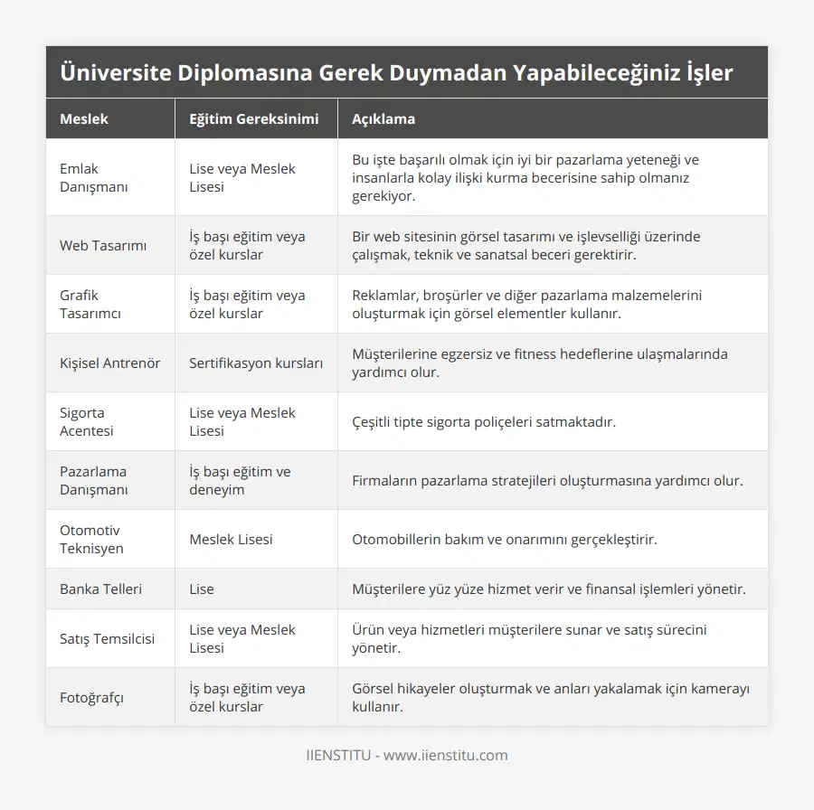 Emlak Danışmanı, Lise veya Meslek Lisesi, Bu işte başarılı olmak için iyi bir pazarlama yeteneği ve insanlarla kolay ilişki kurma becerisine sahip olmanız gerekiyor, Web Tasarımı, İş başı eğitim veya özel kurslar, Bir web sitesinin görsel tasarımı ve işlevselliği üzerinde çalışmak, teknik ve sanatsal beceri gerektirir, Grafik Tasarımcı, İş başı eğitim veya özel kurslar, Reklamlar, broşürler ve diğer pazarlama malzemelerini oluşturmak için görsel elementler kullanır, Kişisel Antrenör, Sertifikasyon kursları, Müşterilerine egzersiz ve fitness hedeflerine ulaşmalarında yardımcı olur, Sigorta Acentesi, Lise veya Meslek Lisesi, Çeşitli tipte sigorta poliçeleri satmaktadır, Pazarlama Danışmanı, İş başı eğitim ve deneyim, Firmaların pazarlama stratejileri oluşturmasına yardımcı olur, Otomotiv Teknisyen, Meslek Lisesi, Otomobillerin bakım ve onarımını gerçekleştirir, Banka Telleri, Lise,  Müşterilere yüz yüze hizmet verir ve finansal işlemleri yönetir, Satış Temsilcisi, Lise veya Meslek Lisesi, Ürün veya hizmetleri müşterilere sunar ve satış sürecini yönetir, Fotoğrafçı, İş başı eğitim veya özel kurslar, Görsel hikayeler oluşturmak ve anları yakalamak için kamerayı kullanır
