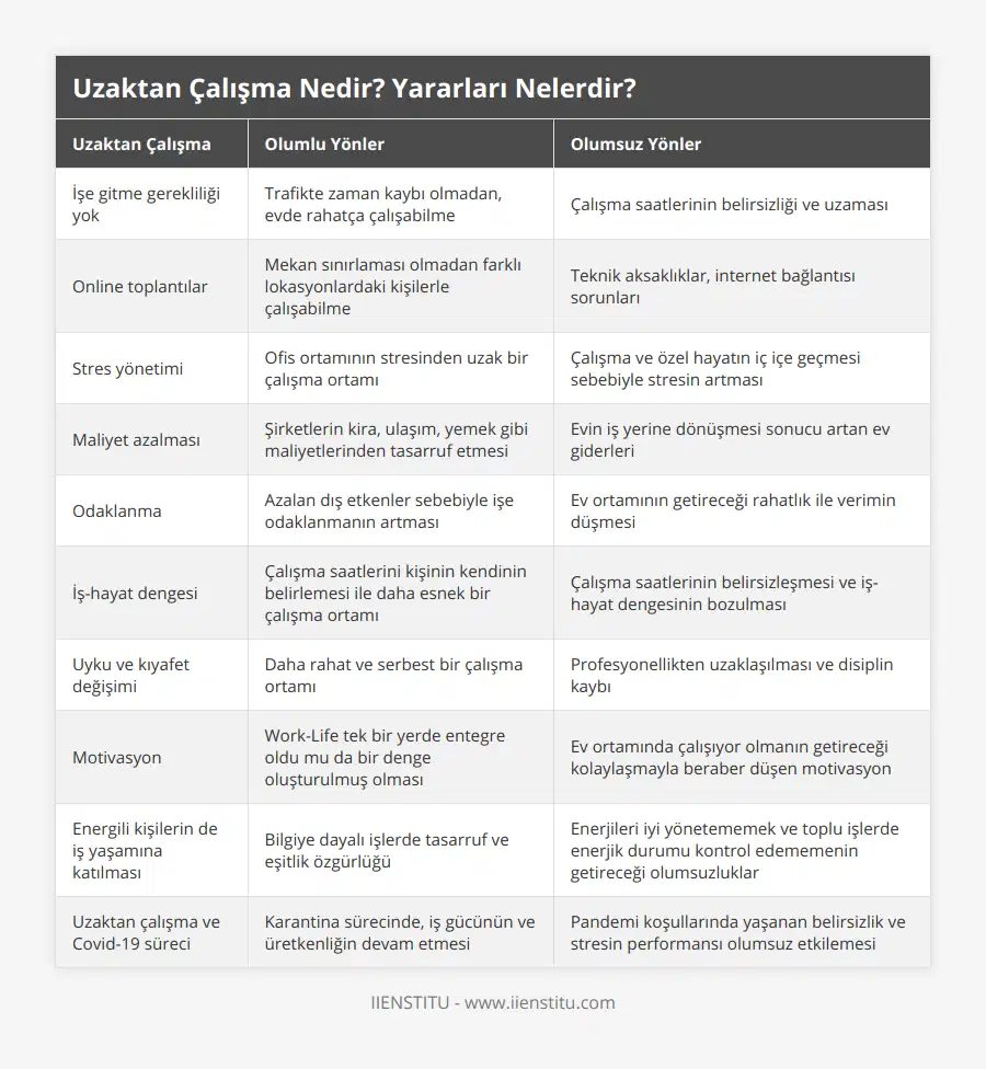 İşe gitme gerekliliği yok, Trafikte zaman kaybı olmadan, evde rahatça çalışabilme, Çalışma saatlerinin belirsizliği ve uzaması, Online toplantılar, Mekan sınırlaması olmadan farklı lokasyonlardaki kişilerle çalışabilme, Teknik aksaklıklar, internet bağlantısı sorunları, Stres yönetimi, Ofis ortamının stresinden uzak bir çalışma ortamı, Çalışma ve özel hayatın iç içe geçmesi sebebiyle stresin artması, Maliyet azalması, Şirketlerin kira, ulaşım, yemek gibi maliyetlerinden tasarruf etmesi, Evin iş yerine dönüşmesi sonucu artan ev giderleri, Odaklanma, Azalan dış etkenler sebebiyle işe odaklanmanın artması, Ev ortamının getireceği rahatlık ile verimin düşmesi, İş-hayat dengesi, Çalışma saatlerini kişinin kendinin belirlemesi ile daha esnek bir çalışma ortamı, Çalışma saatlerinin belirsizleşmesi ve iş-hayat dengesinin bozulması, Uyku ve kıyafet değişimi, Daha rahat ve serbest bir çalışma ortamı, Profesyonellikten uzaklaşılması ve disiplin kaybı, Motivasyon, Work-Life tek bir yerde entegre oldu mu da bir denge oluşturulmuş olması, Ev ortamında çalışıyor olmanın getireceği kolaylaşmayla beraber düşen motivasyon, Energili kişilerin de iş yaşamına katılması, Bilgiye dayalı işlerde tasarruf ve eşitlik özgürlüğü, Enerjileri iyi yönetememek ve toplu işlerde enerjik durumu kontrol edememenin getireceği olumsuzluklar, Uzaktan çalışma ve Covid-19 süreci, Karantina sürecinde, iş gücünün ve üretkenliğin devam etmesi, Pandemi koşullarında yaşanan belirsizlik ve stresin performansı olumsuz etkilemesi