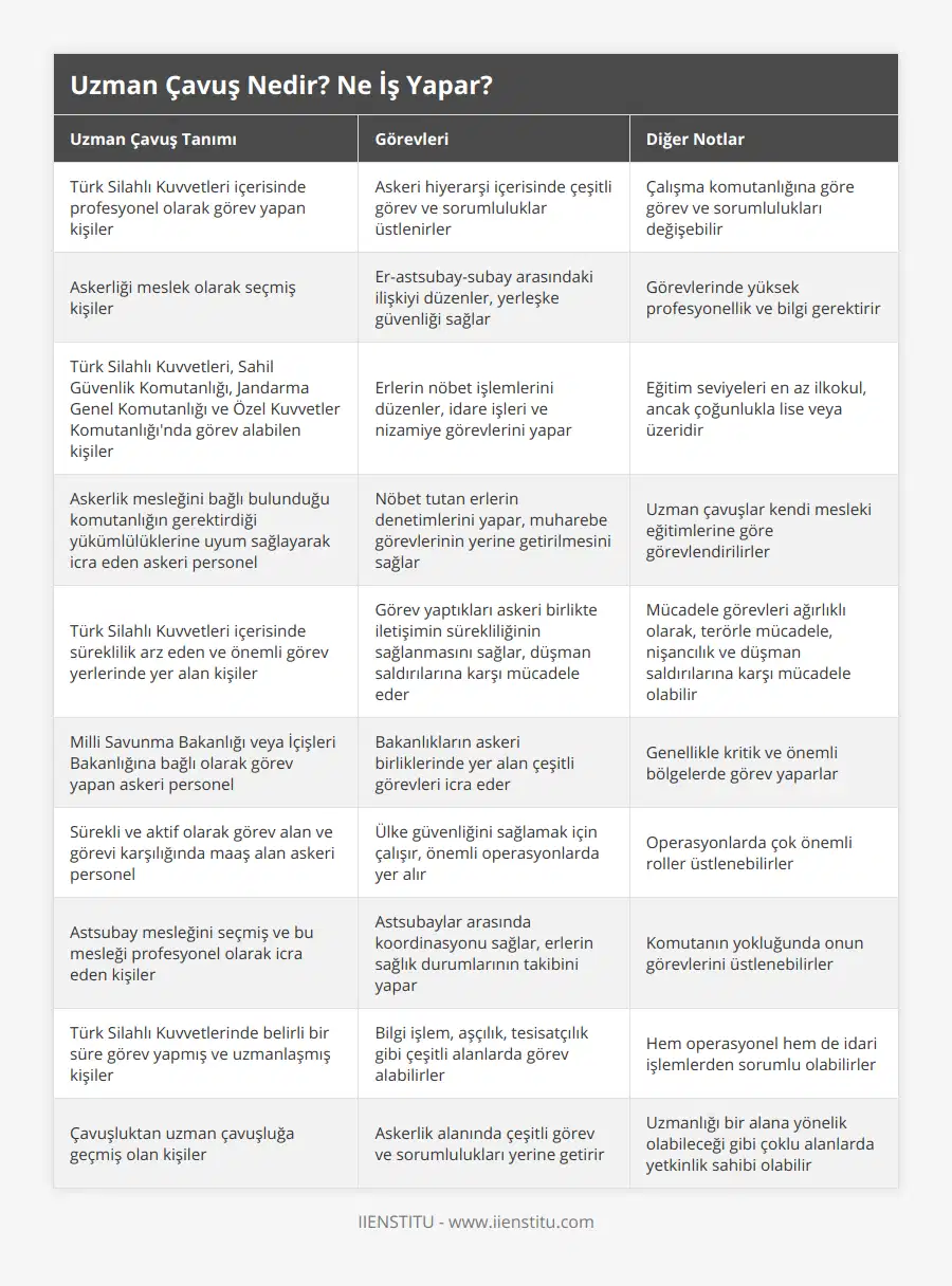 Türk Silahlı Kuvvetleri içerisinde profesyonel olarak görev yapan kişiler, Askeri hiyerarşi içerisinde çeşitli görev ve sorumluluklar üstlenirler, Çalışma komutanlığına göre görev ve sorumlulukları değişebilir, Askerliği meslek olarak seçmiş kişiler, Er-astsubay-subay arasındaki ilişkiyi düzenler, yerleşke güvenliği sağlar, Görevlerinde yüksek profesyonellik ve bilgi gerektirir, Türk Silahlı Kuvvetleri, Sahil Güvenlik Komutanlığı, Jandarma Genel Komutanlığı ve Özel Kuvvetler Komutanlığı'nda görev alabilen kişiler, Erlerin nöbet işlemlerini düzenler, idare işleri ve nizamiye görevlerini yapar, Eğitim seviyeleri en az ilkokul, ancak çoğunlukla lise veya üzeridir, Askerlik mesleğini bağlı bulunduğu komutanlığın gerektirdiği yükümlülüklerine uyum sağlayarak icra eden askeri personel, Nöbet tutan erlerin denetimlerini yapar, muharebe görevlerinin yerine getirilmesini sağlar, Uzman çavuşlar kendi mesleki eğitimlerine göre görevlendirilirler, Türk Silahlı Kuvvetleri içerisinde süreklilik arz eden ve önemli görev yerlerinde yer alan kişiler, Görev yaptıkları askeri birlikte iletişimin sürekliliğinin sağlanmasını sağlar, düşman saldırılarına karşı mücadele eder, Mücadele görevleri ağırlıklı olarak, terörle mücadele, nişancılık ve düşman saldırılarına karşı mücadele olabilir, Milli Savunma Bakanlığı veya İçişleri Bakanlığına bağlı olarak görev yapan askeri personel, Bakanlıkların askeri birliklerinde yer alan çeşitli görevleri icra eder, Genellikle kritik ve önemli bölgelerde görev yaparlar, Sürekli ve aktif olarak görev alan ve görevi karşılığında maaş alan askeri personel, Ülke güvenliğini sağlamak için çalışır, önemli operasyonlarda yer alır, Operasyonlarda çok önemli roller üstlenebilirler, Astsubay mesleğini seçmiş ve bu mesleği profesyonel olarak icra eden kişiler, Astsubaylar arasında koordinasyonu sağlar, erlerin sağlık durumlarının takibini yapar, Komutanın yokluğunda onun görevlerini üstlenebilirler, Türk Silahlı Kuvvetlerinde belirli bir süre görev yapmış ve uzmanlaşmış kişiler, Bilgi işlem, aşçılık, tesisatçılık gibi çeşitli alanlarda görev alabilirler, Hem operasyonel hem de idari işlemlerden sorumlu olabilirler, Çavuşluktan uzman çavuşluğa geçmiş olan kişiler, Askerlik alanında çeşitli görev ve sorumlulukları yerine getirir, Uzmanlığı bir alana yönelik olabileceği gibi çoklu alanlarda yetkinlik sahibi olabilir