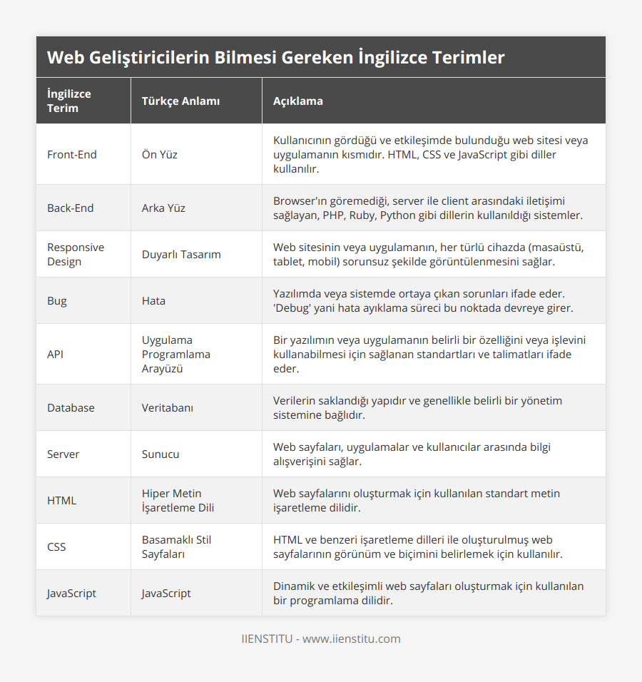 Front-End, Ön Yüz, Kullanıcının gördüğü ve etkileşimde bulunduğu web sitesi veya uygulamanın kısmıdır HTML, CSS ve JavaScript gibi diller kullanılır, Back-End, Arka Yüz, Browser'ın göremediği, server ile client arasındaki iletişimi sağlayan, PHP, Ruby, Python gibi dillerin kullanıldığı sistemler, Responsive Design, Duyarlı Tasarım, Web sitesinin veya uygulamanın, her türlü cihazda (masaüstü, tablet, mobil) sorunsuz şekilde görüntülenmesini sağlar, Bug, Hata, Yazılımda veya sistemde ortaya çıkan sorunları ifade eder 'Debug' yani hata ayıklama süreci bu noktada devreye girer, API, Uygulama Programlama Arayüzü, Bir yazılımın veya uygulamanın belirli bir özelliğini veya işlevini kullanabilmesi için sağlanan standartları ve talimatları ifade eder, Database, Veritabanı, Verilerin saklandığı yapıdır ve genellikle belirli bir yönetim sistemine bağlıdır, Server, Sunucu, Web sayfaları, uygulamalar ve kullanıcılar arasında bilgi alışverişini sağlar, HTML, Hiper Metin İşaretleme Dili, Web sayfalarını oluşturmak için kullanılan standart metin işaretleme dilidir, CSS, Basamaklı Stil Sayfaları, HTML ve benzeri işaretleme dilleri ile oluşturulmuş web sayfalarının görünüm ve biçimini belirlemek için kullanılır, JavaScript, JavaScript, Dinamik ve etkileşimli web sayfaları oluşturmak için kullanılan bir programlama dilidir