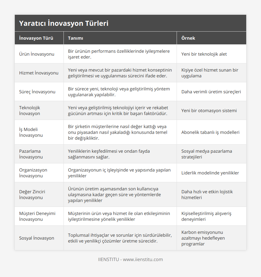 Ürün İnovasyonu, Bir ürünün performans özelliklerinde iyileşmelere işaret eder, Yeni bir teknolojik alet, Hizmet İnovasyonu, Yeni veya mevcut bir pazardaki hizmet konseptinin geliştirilmesi ve uygulanması sürecini ifade eder, Kişiye özel hizmet sunan bir uygulama, Süreç İnovasyonu, Bir sürece yeni,  teknoloji veya geliştirilmiş yöntem uygulanarak yapılabilir, Daha verimli üretim süreçleri, Teknolojik İnovasyon, Yeni veya geliştirilmiş teknolojiyi içerir ve rekabet gücünün artması için kritik bir başarı faktörüdür, Yeni bir otomasyon sistemi, İş Modeli İnovasyonu, Bir şirketin müşterilerine nasıl değer kattığı veya onu piyasadan nasıl yakaladığı konusunda temel bir değişikliktir, Abonelik tabanlı iş modelleri, Pazarlama İnovasyonu, Yeniliklerin keşfedilmesi ve ondan fayda sağlanmasını sağlar, Sosyal medya pazarlama stratejileri, Organizasyon İnovasyonu, Organizasyonun iç işleyişinde ve yapısında yapılan yenilikler, Liderlik modelinde yenilikler, Değer Zinciri İnovasyonu, Ürünün üretim aşamasından son kullanıcıya ulaşmasına kadar geçen süre ve yöntemlerde yapılan yenilikler, Daha hızlı ve etkin lojistik hizmetleri , Müşteri Deneyimi İnovasyonu, Müşterinin ürün veya hizmet ile olan etkileşiminin iyileştirilmesine yönelik yenilikler, Kişiselleştirilmiş alışveriş deneyimleri, Sosyal İnovasyon, Toplumsal ihtiyaçlar ve sorunlar için sürdürülebilir, etkili ve yenilikçi çözümler üretme sürecidir, Karbon emisyonunu azaltmayı hedefleyen programlar