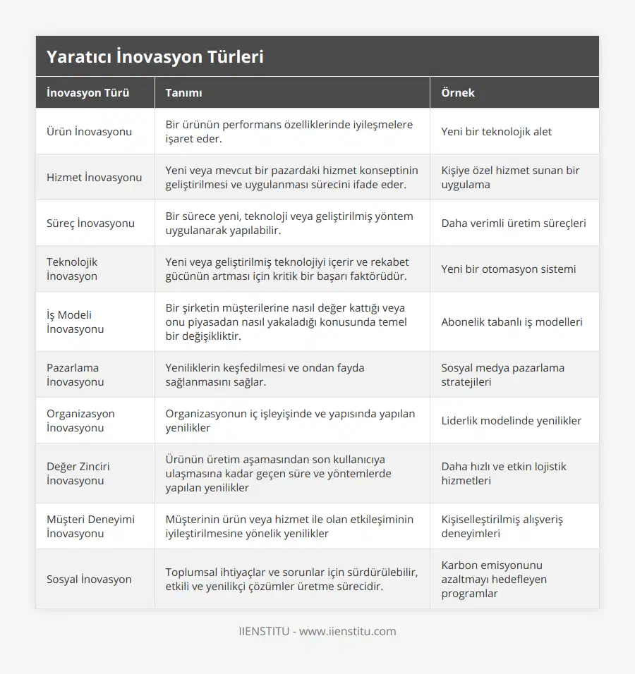 Ürün İnovasyonu, Bir ürünün performans özelliklerinde iyileşmelere işaret eder, Yeni bir teknolojik alet, Hizmet İnovasyonu, Yeni veya mevcut bir pazardaki hizmet konseptinin geliştirilmesi ve uygulanması sürecini ifade eder, Kişiye özel hizmet sunan bir uygulama, Süreç İnovasyonu, Bir sürece yeni,  teknoloji veya geliştirilmiş yöntem uygulanarak yapılabilir, Daha verimli üretim süreçleri, Teknolojik İnovasyon, Yeni veya geliştirilmiş teknolojiyi içerir ve rekabet gücünün artması için kritik bir başarı faktörüdür, Yeni bir otomasyon sistemi, İş Modeli İnovasyonu, Bir şirketin müşterilerine nasıl değer kattığı veya onu piyasadan nasıl yakaladığı konusunda temel bir değişikliktir, Abonelik tabanlı iş modelleri, Pazarlama İnovasyonu, Yeniliklerin keşfedilmesi ve ondan fayda sağlanmasını sağlar, Sosyal medya pazarlama stratejileri, Organizasyon İnovasyonu, Organizasyonun iç işleyişinde ve yapısında yapılan yenilikler, Liderlik modelinde yenilikler, Değer Zinciri İnovasyonu, Ürünün üretim aşamasından son kullanıcıya ulaşmasına kadar geçen süre ve yöntemlerde yapılan yenilikler, Daha hızlı ve etkin lojistik hizmetleri , Müşteri Deneyimi İnovasyonu, Müşterinin ürün veya hizmet ile olan etkileşiminin iyileştirilmesine yönelik yenilikler, Kişiselleştirilmiş alışveriş deneyimleri, Sosyal İnovasyon, Toplumsal ihtiyaçlar ve sorunlar için sürdürülebilir, etkili ve yenilikçi çözümler üretme sürecidir, Karbon emisyonunu azaltmayı hedefleyen programlar